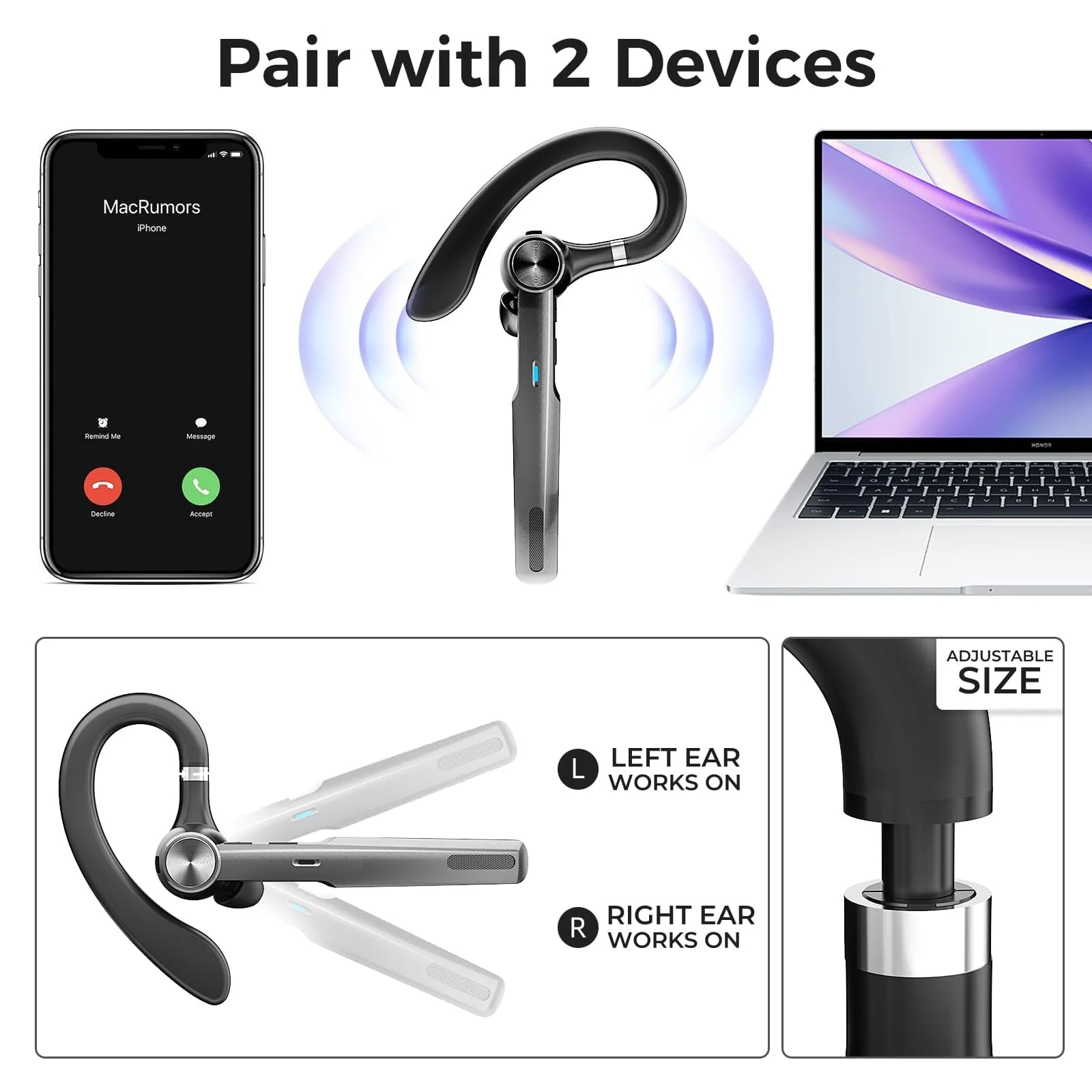Wireless Headset with Mic for Work: Trucker Bluetooth Headphones with USB Dongle Noise Cancelling Microphone Wireless Earpiece for Business/Computer/Laptop/Cell Phones/Remote Work/Call Center Black-G3-dongle - Image 3