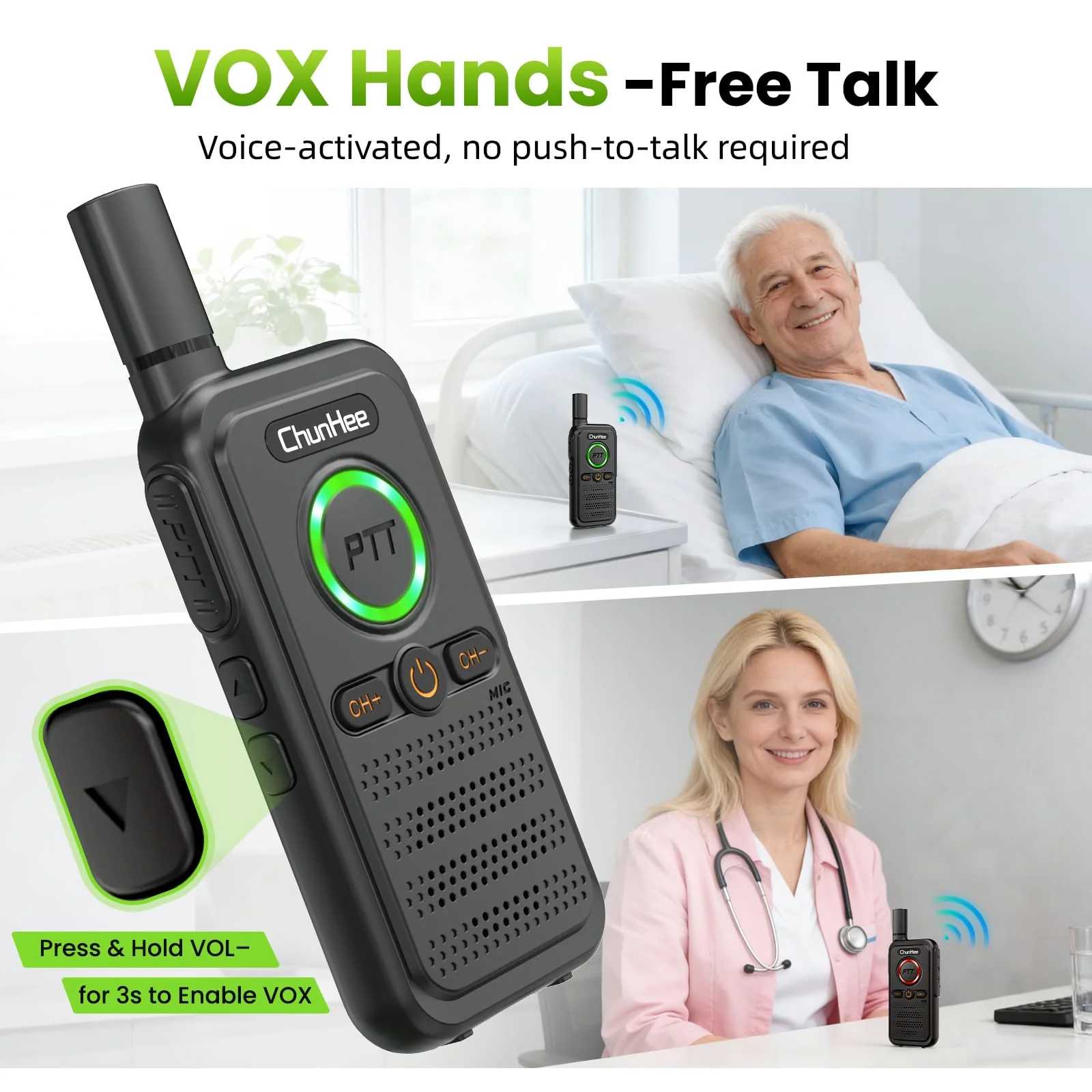 Wireless Home Security Intercom System with VOX Hands-Free & SOS Alarm, 1.5 Mile Long Range 2-Way Intercom, Large PTT Buttons, Portable Intercom for Elderly, Caregivers, House & Business (2 Pack) SET 1 - Image 3