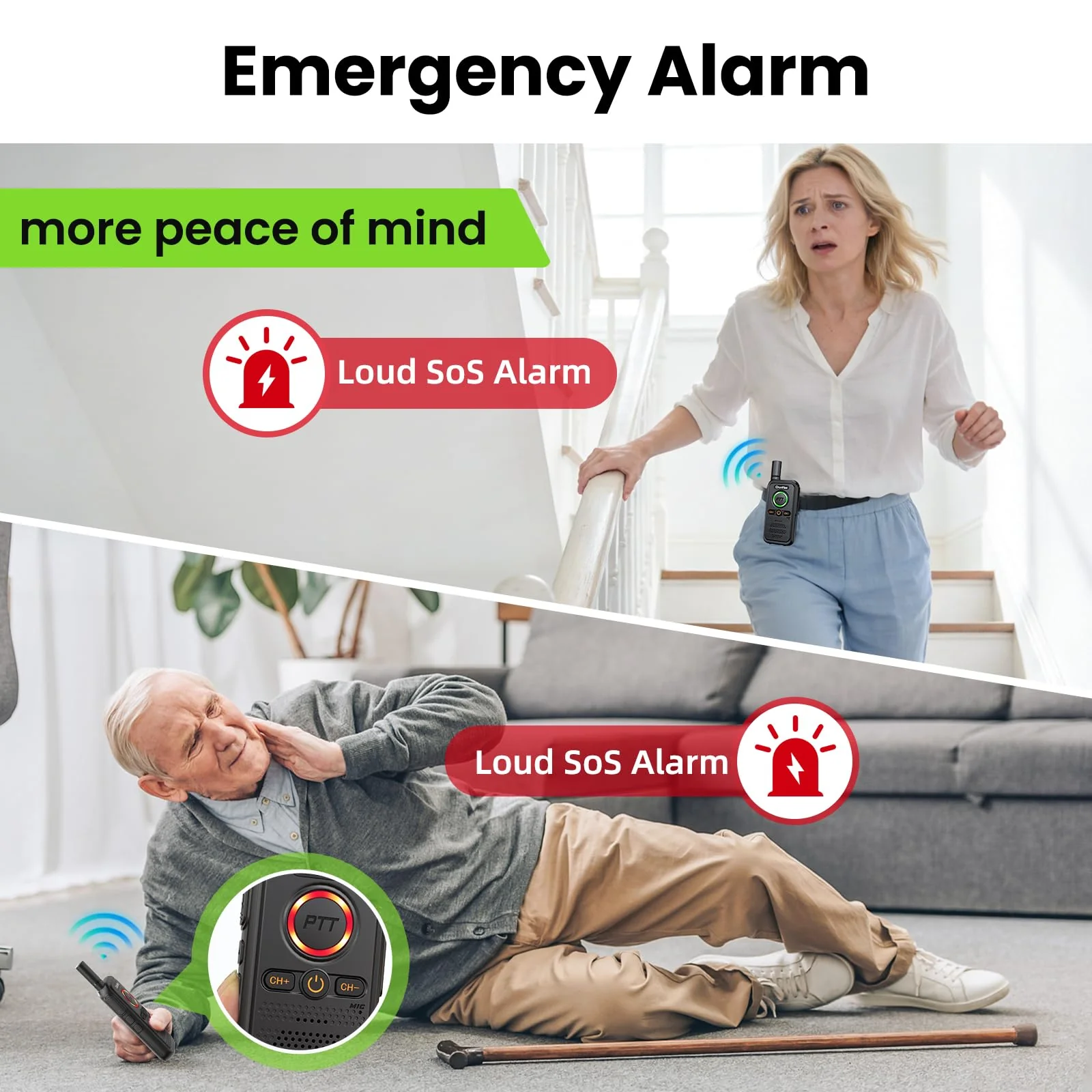 Wireless Home Security Intercom System with VOX Hands-Free & SOS Alarm, 1.5 Mile Long Range 2-Way Intercom, Large PTT Buttons, Portable Intercom for Elderly, Caregivers, House & Business (2 Pack) SET 1 - Image 4