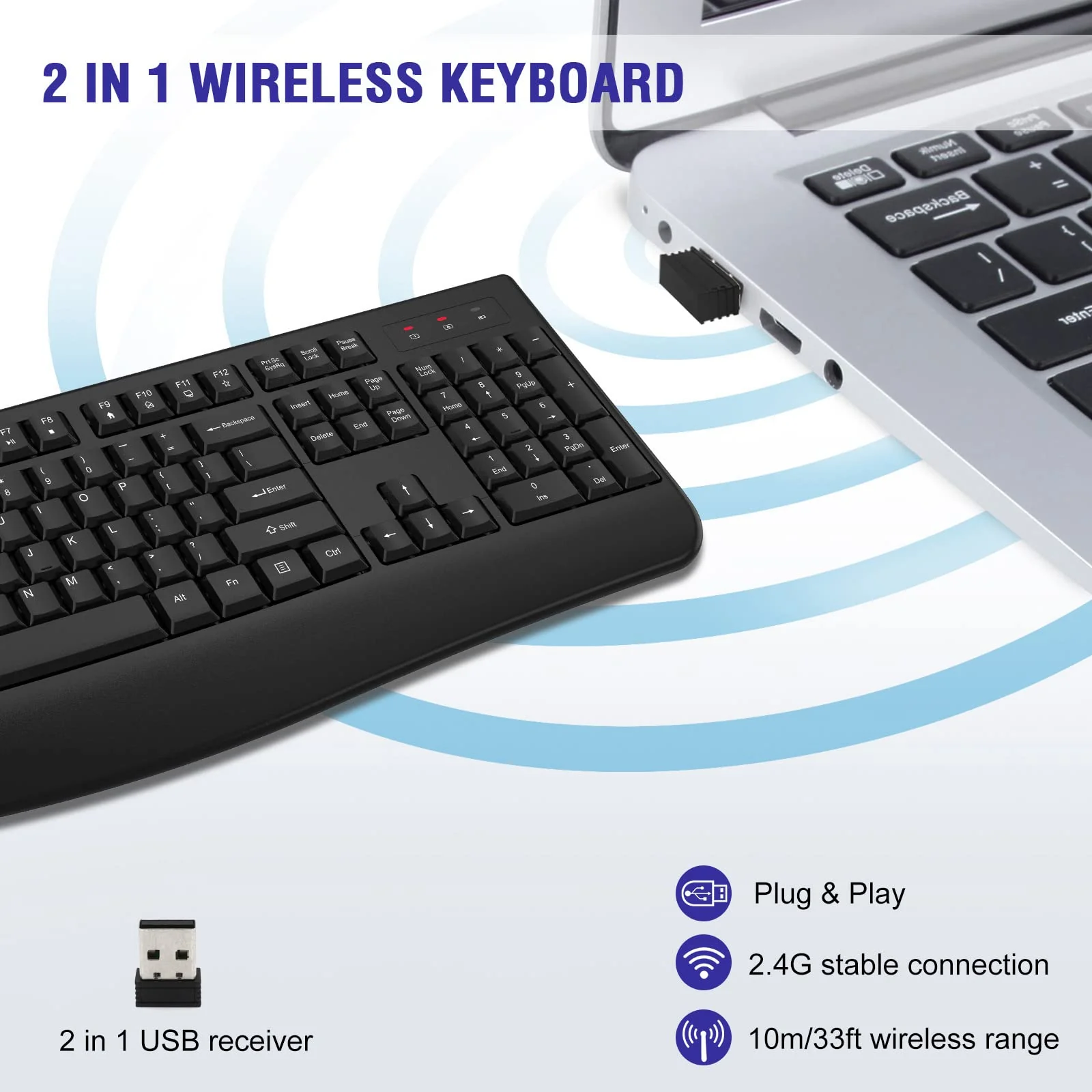 Wireless Keyboard, 2.4G Full-Sized Ergonomic Wireless Computer Keyboard with Wrist Rest for Windows, Mac OS Laptop/PC/Desktop/Notebook(Black) Black - Image 2