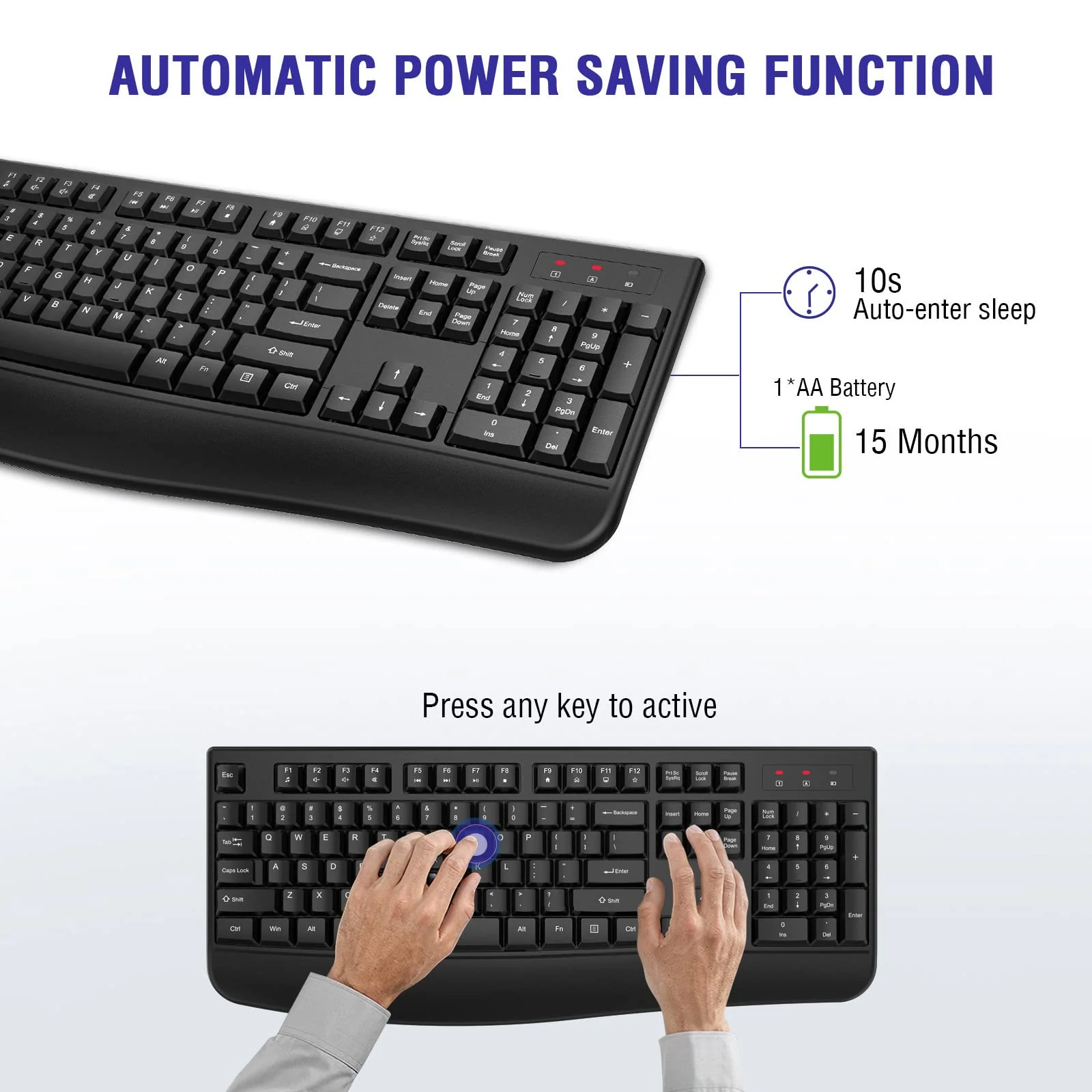 Wireless Keyboard, 2.4G Full-Sized Ergonomic Wireless Computer Keyboard with Wrist Rest for Windows, Mac OS Laptop/PC/Desktop/Notebook(Black) Black - Image 4