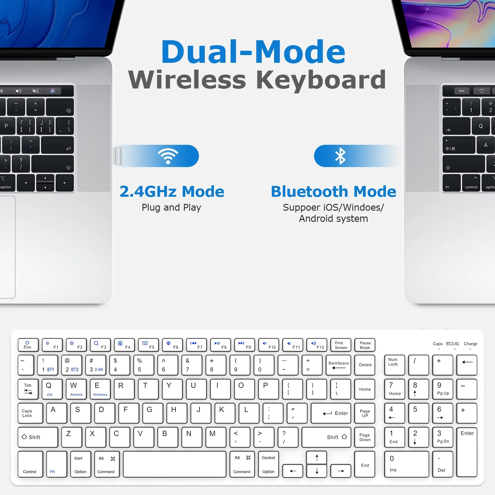 Wireless Keyboard, Bluetooth Keyboard with Number Pad, 2.4G+Bluetooth Full-Size Quiet Computer Keyboard for iPad 10.2(9th/8th/7th)/iPad Air 5th/4th/iPad Pro 11/12.9, iPad 10.5/9.7/iPad Mini (White) White - Image 2