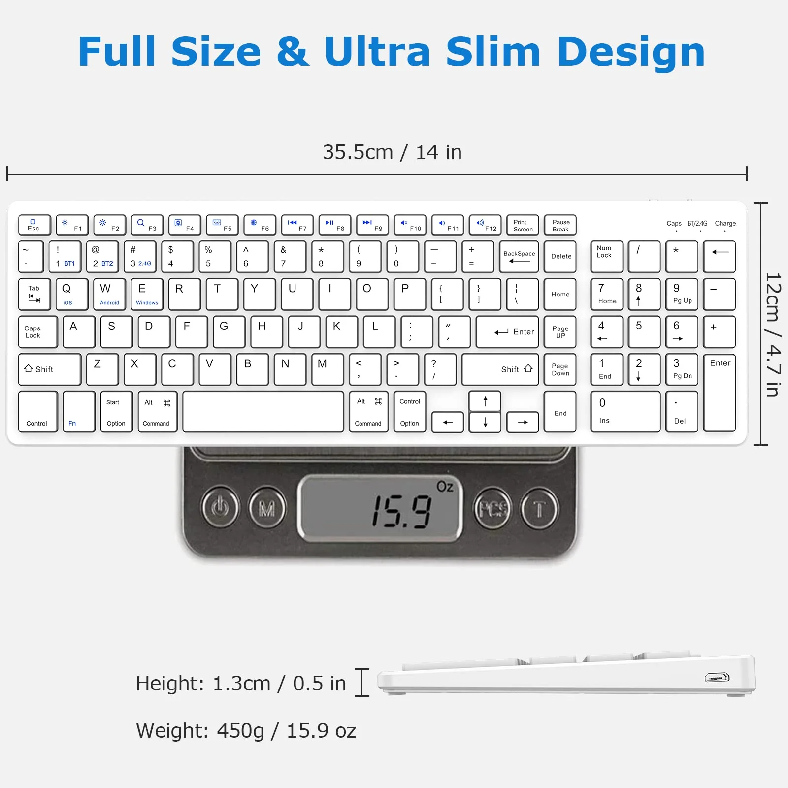 Wireless Keyboard, Bluetooth Keyboard with Number Pad, 2.4G+Bluetooth Full-Size Quiet Computer Keyboard for iPad 10.2(9th/8th/7th)/iPad Air 5th/4th/iPad Pro 11/12.9, iPad 10.5/9.7/iPad Mini (White) White - Image 5