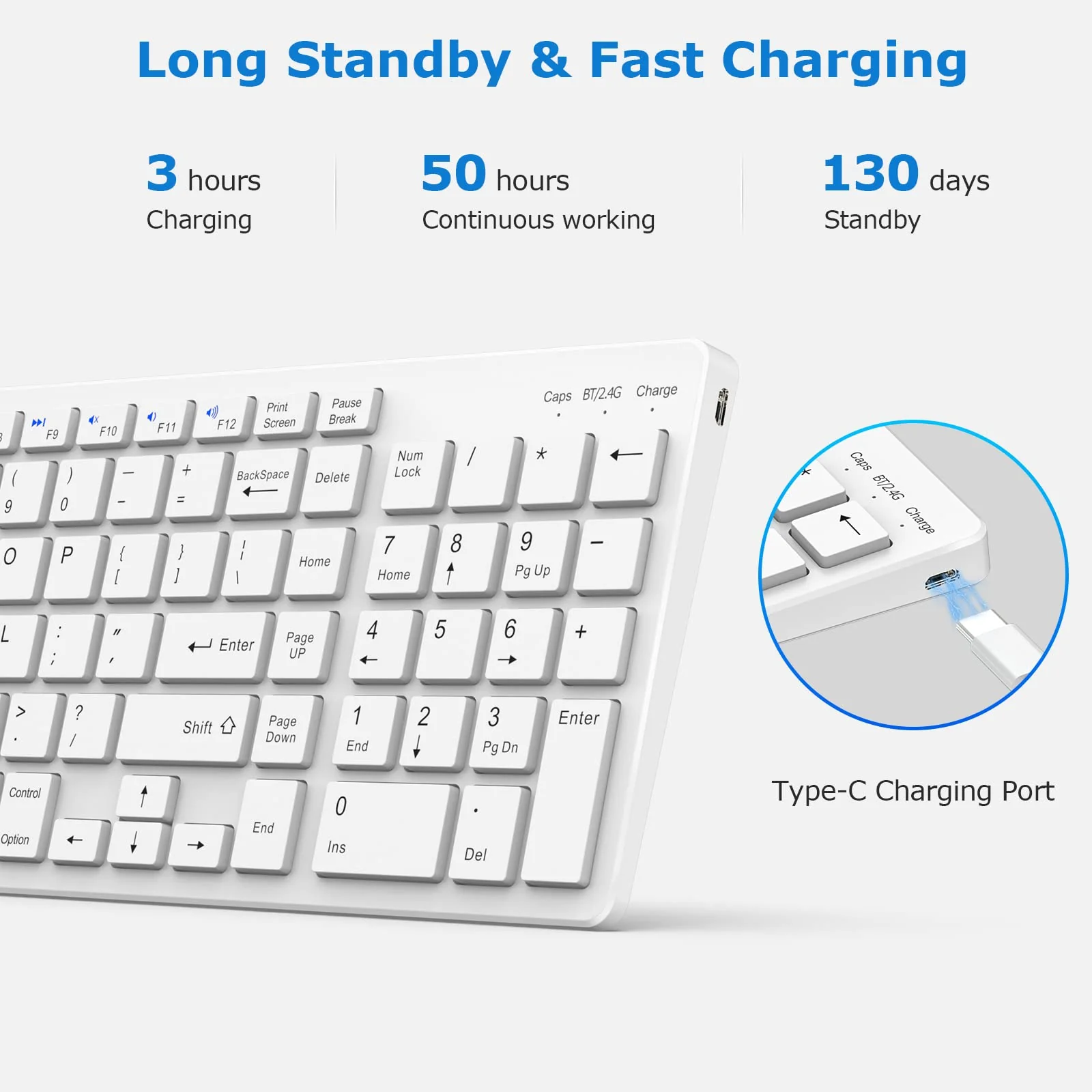 Wireless Keyboard, Bluetooth Keyboard with Number Pad, 2.4G+Bluetooth Full-Size Quiet Computer Keyboard for iPad 10.2(9th/8th/7th)/iPad Air 5th/4th/iPad Pro 11/12.9, iPad 10.5/9.7/iPad Mini (White) White - Image 6