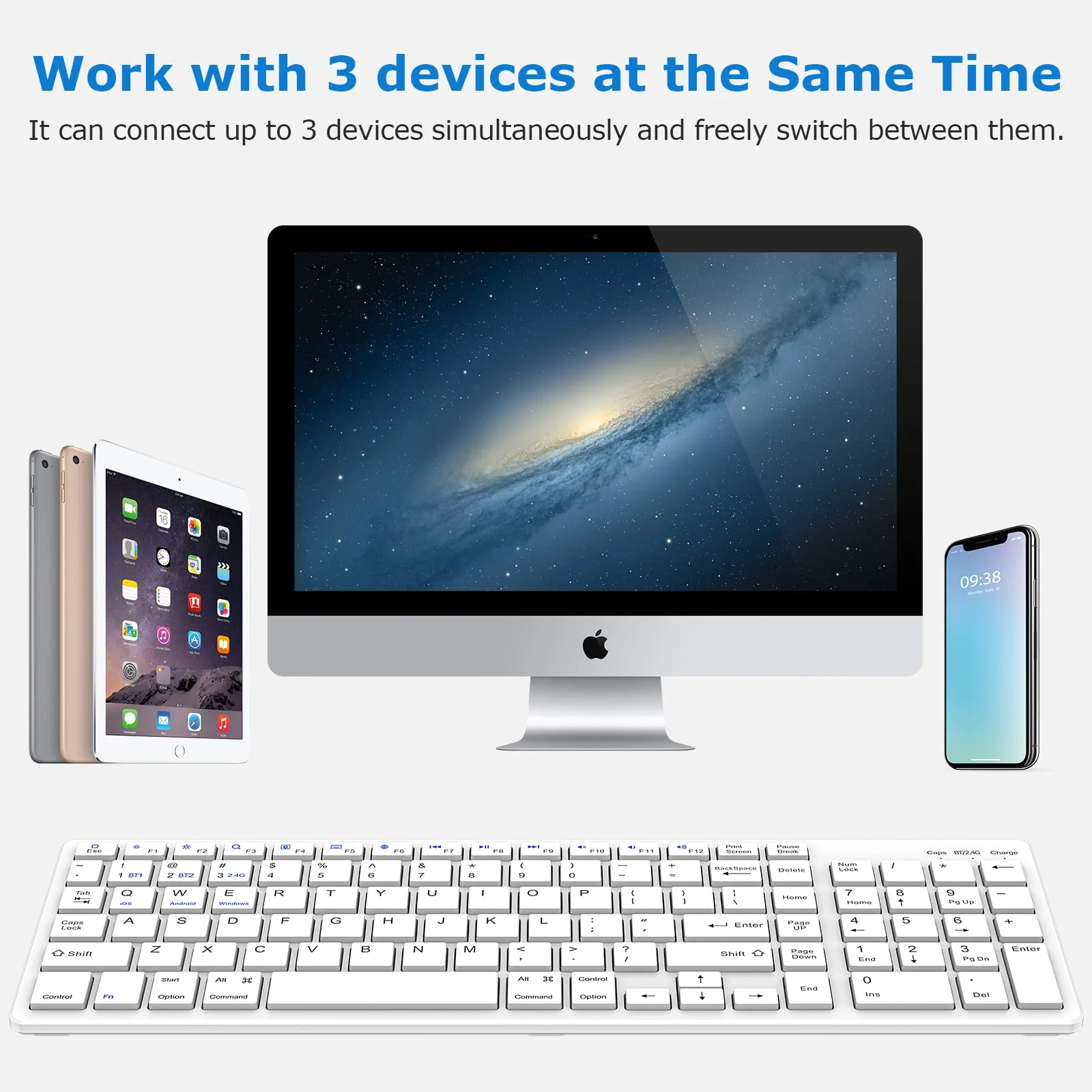 Wireless Keyboard, Bluetooth Keyboard with Number Pad, 2.4G+Bluetooth Full-Size Quiet Computer Keyboard for iPad 10.2(9th/8th/7th)/iPad Air 5th/4th/iPad Pro 11/12.9, iPad 10.5/9.7/iPad Mini (White) White - Image 7