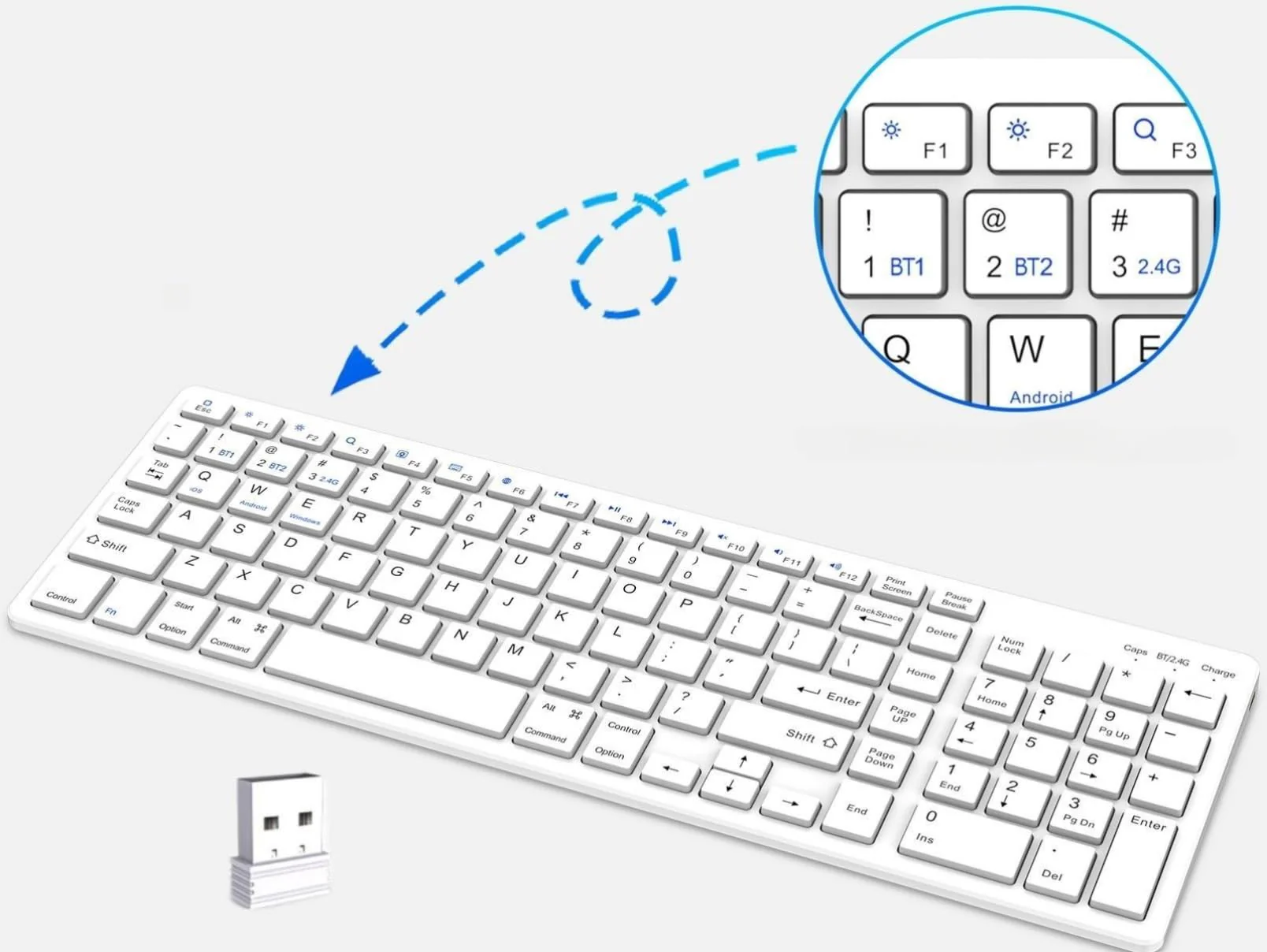 Wireless Keyboard, Bluetooth Keyboard with Number Pad, 2.4G+Bluetooth Full-Size Quiet Computer Keyboard for iPad 10.2(9th/8th/7th)/iPad Air 5th/4th/iPad Pro 11/12.9, iPad 10.5/9.7/iPad Mini (White) White - Image 8