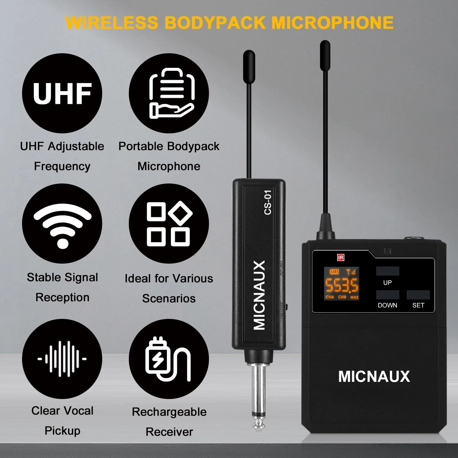 Wireless Lapel Microphone System with Headset & Lavalier Mics, UHF Bodypack Transmitters, Mini Rechargeable Receiver, 48 Channels in 500MHz, 260ft Range, Plug & Play for Wedding Speech Church BXMIC01 - Image 2