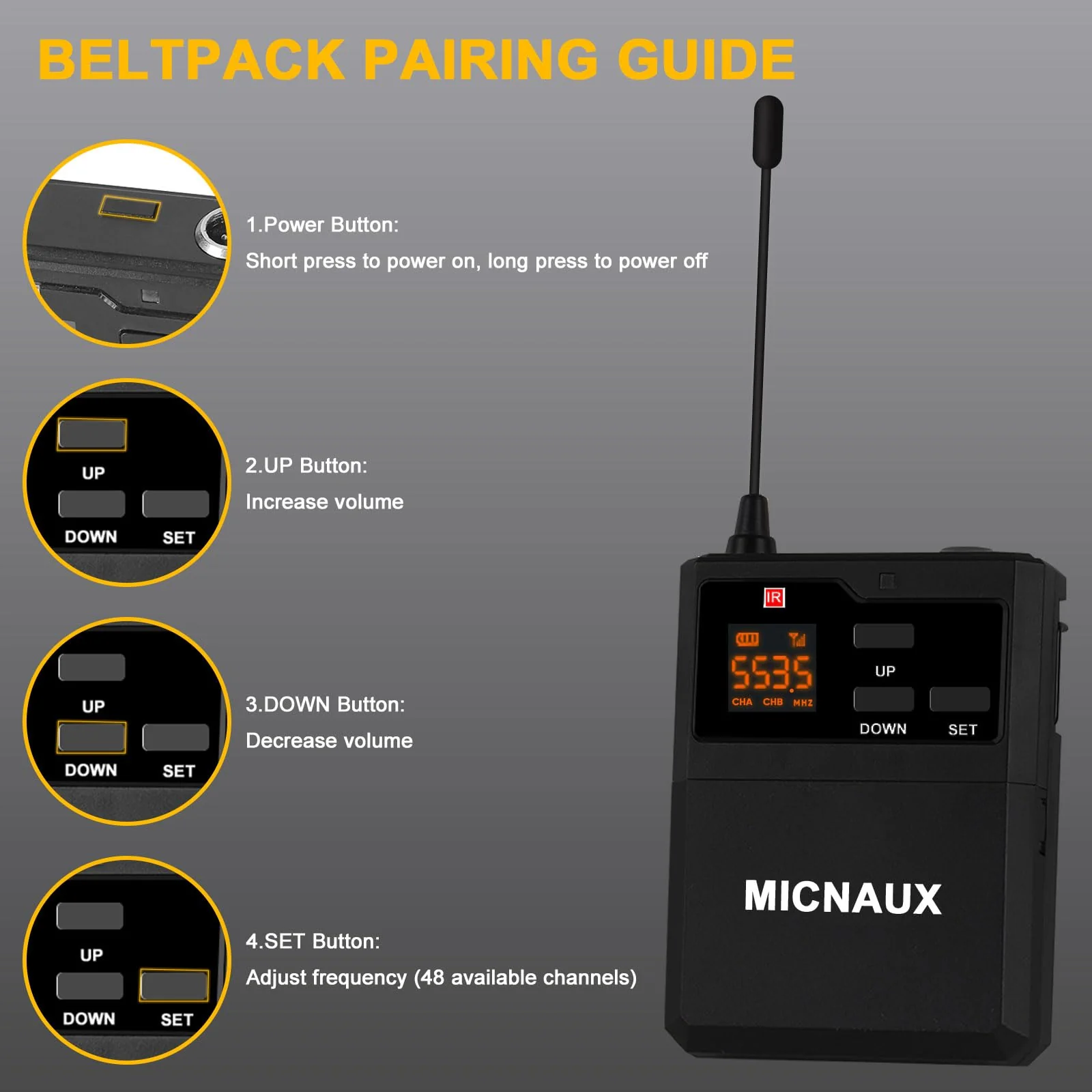 Wireless Lapel Microphone System with Headset & Lavalier Mics, UHF Bodypack Transmitters, Mini Rechargeable Receiver, 48 Channels in 500MHz, 260ft Range, Plug & Play for Wedding Speech Church BXMIC01 - Image 6