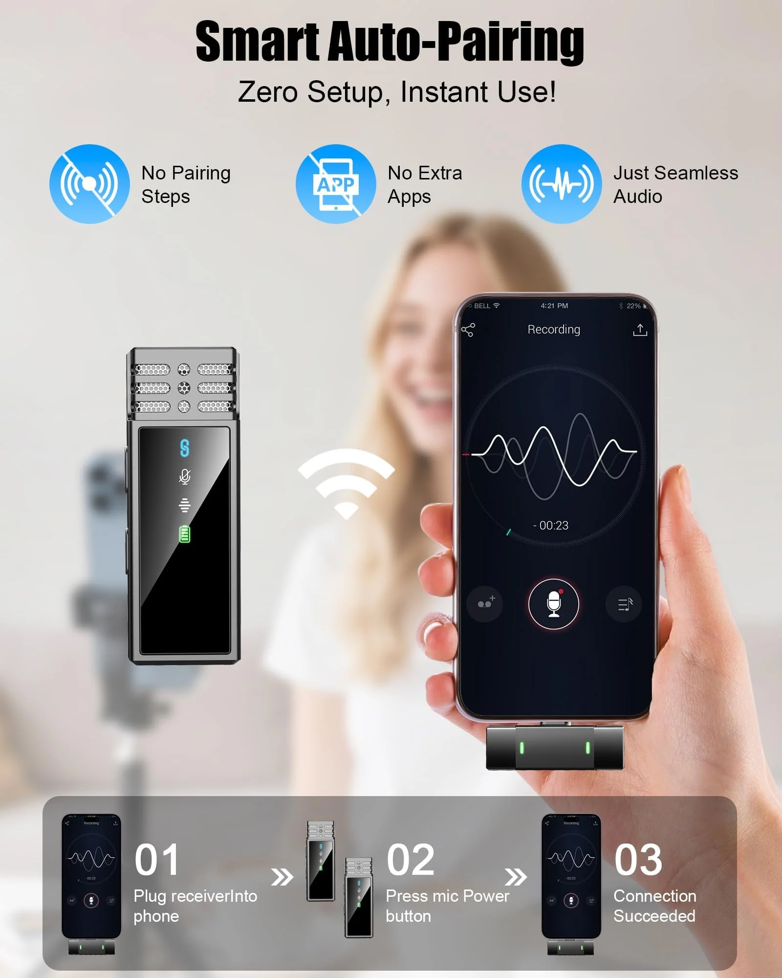Wireless Lavalier Microphone for iPhone 14/13/12/11 Series, Lapel Mic with All-in-One 24H Charging Case, Noise Reduction, Play Clip Mic for Video Recording,YouTube, TikTok, Podcast, Vlog Black Lighting - Image 4
