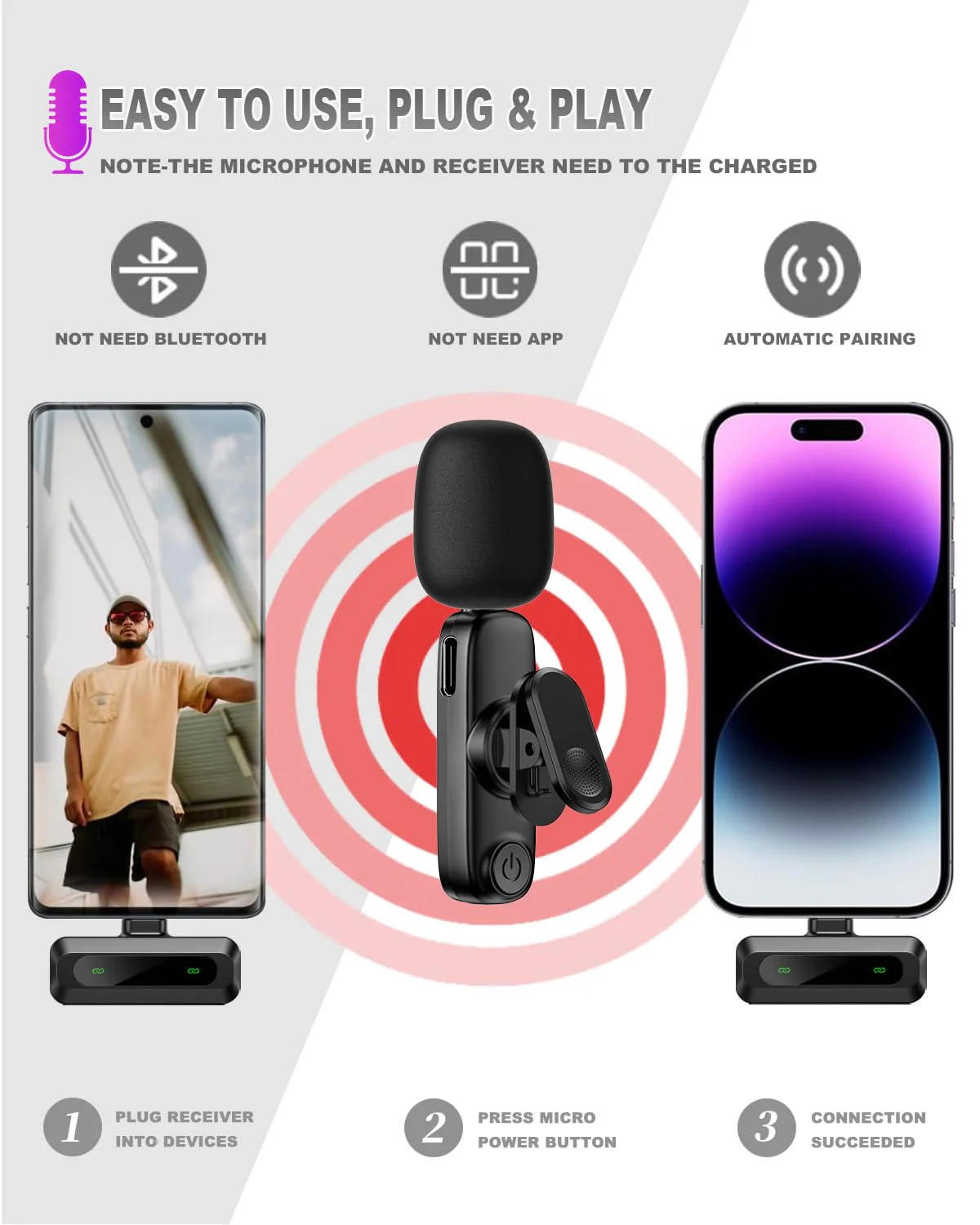 Wireless Lavalier Microphone for iPhone 5-14 / iPad - Professional Noise Reduction Wireless Microphone, Lightning Lapel Mini Microphones for Tiktok, YouTube, Vlog, Recording, Live Streaming - Image 2