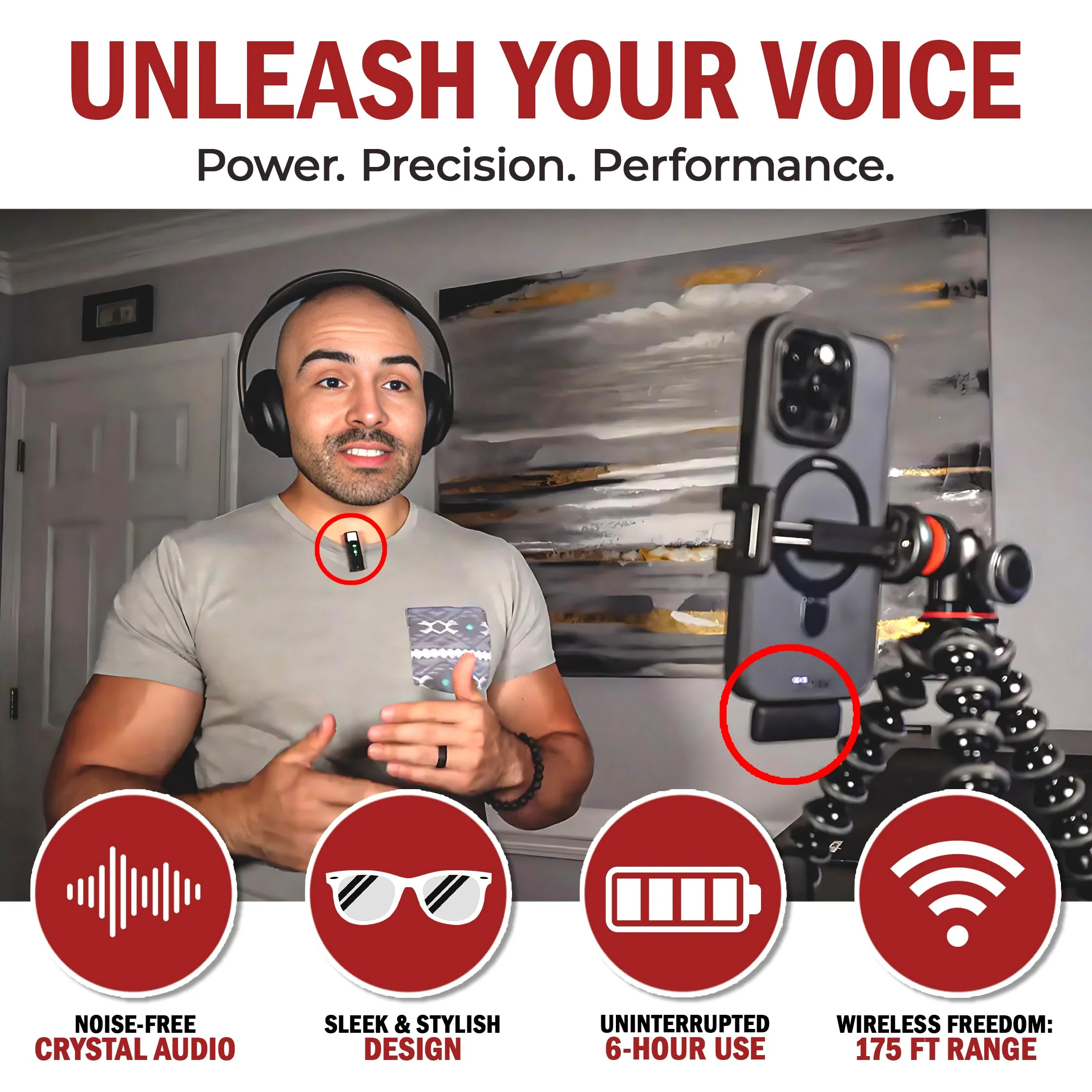 Wireless Lavalier Microphone for iPhone and All Devices - Single 2.4Ghz Mic, Audio w/Noise Canceling - Long Range Up to 175ft - Easy to Use for Video Recording, Podcast - Image 2
