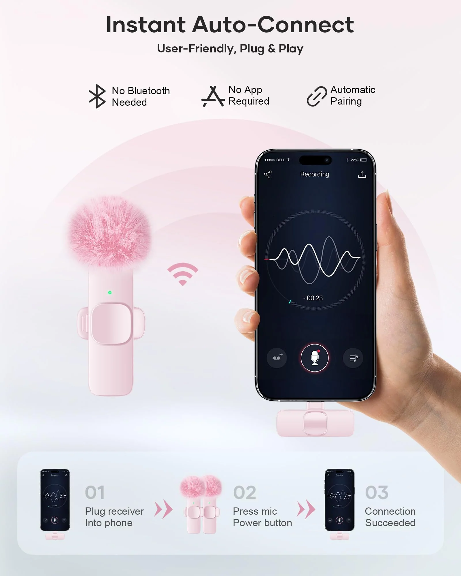 Wireless Lavalier Microphone for iPhone iPad and Android Phone, 2 Pack Lapel Mic Plug and Play Wireless Mic Noise Reduction Microphone for Video Recording Interview Podcast Vlog YouTube Tiktok (Pink) Without Case Pink - Image 2