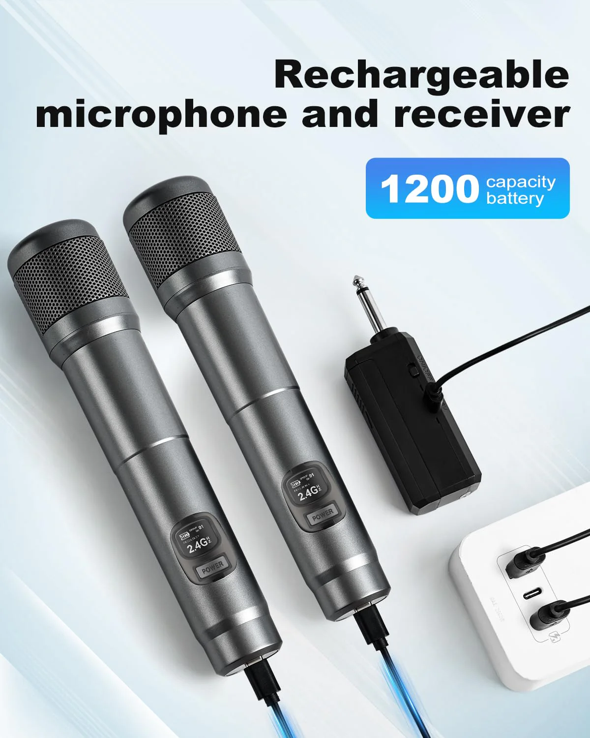 Wireless Microphone, Dual Handheld Dynamic Mic with Rechargeable Receiver, 40H Duration, 200ft Range, Plug and Play, Karaoke Microphone for Singing, Karaoke, Meeting, Church, Wedding - Image 4