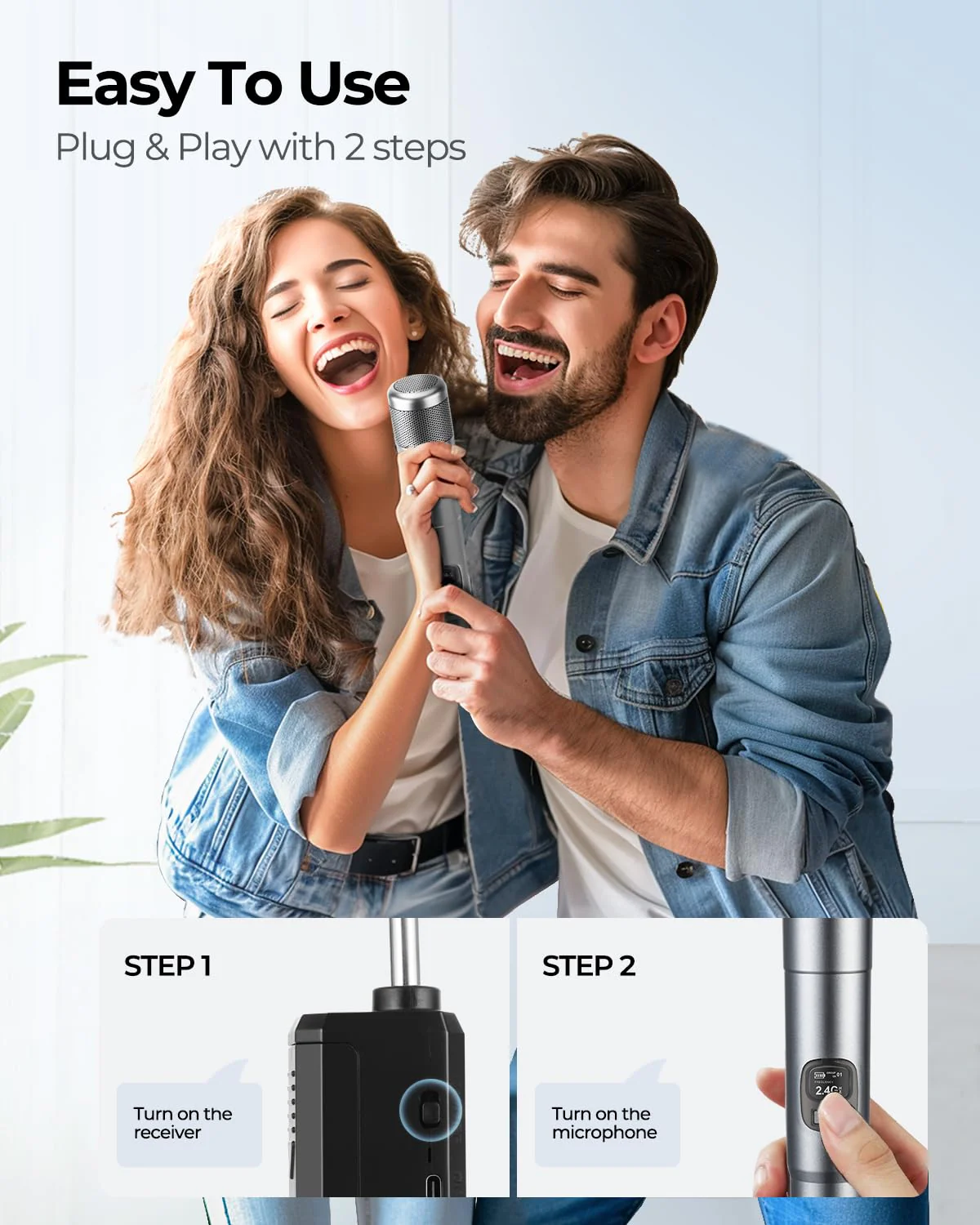 Wireless Microphone, Dual Handheld Dynamic Mic with Rechargeable Receiver, 40H Duration, 200ft Range, Plug and Play, Karaoke Microphone for Singing, Karaoke, Meeting, Church, Wedding - Image 5