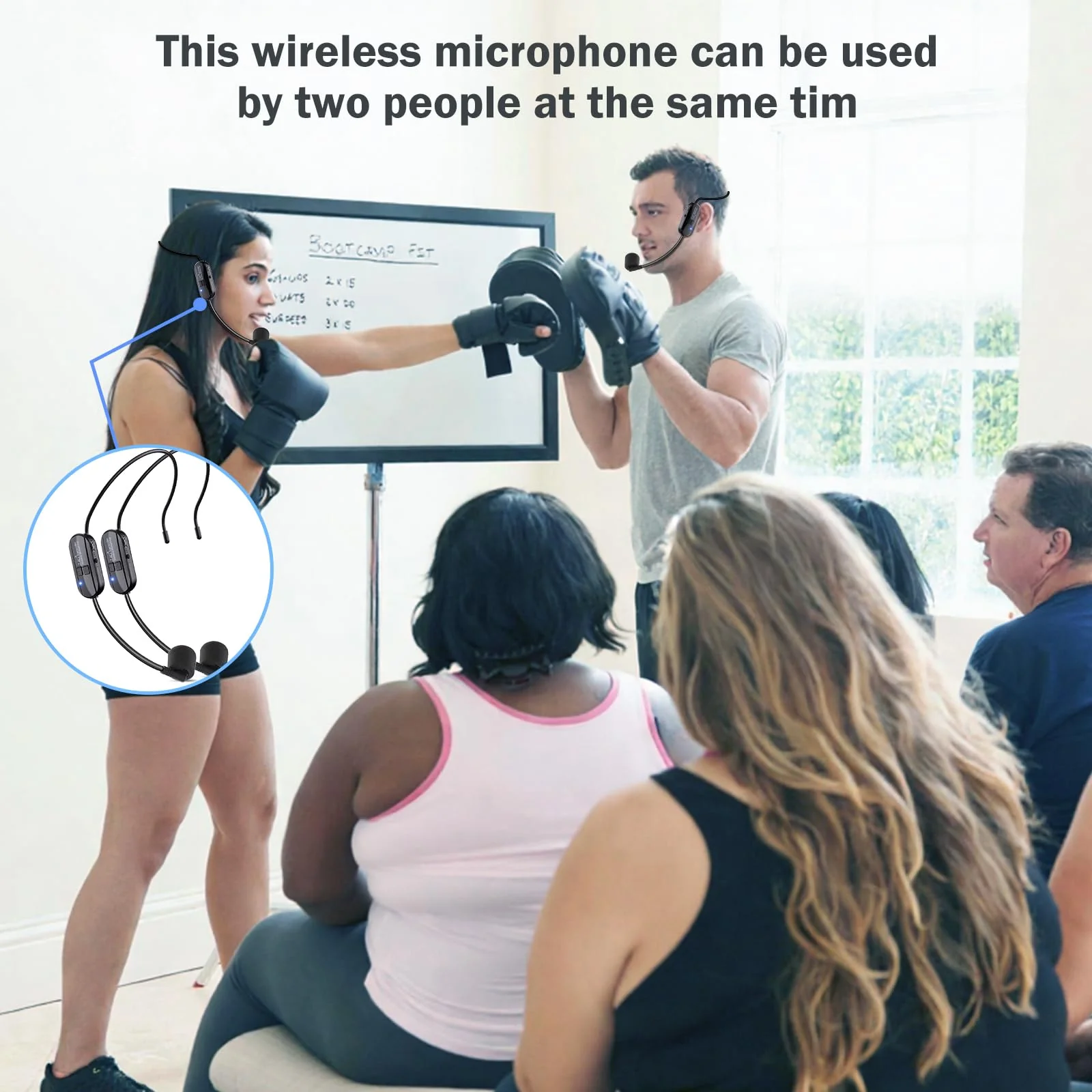 Wireless Microphone Headset Double Professional: Cordless Mic Head for Two People, Heads Handheld Mics 2 in 1- USB-C Rechargeable - 1/4'' and 1/8'' Plug for PA System, Voice Amplifier,Teaching,Fitness Black1 - Image 2