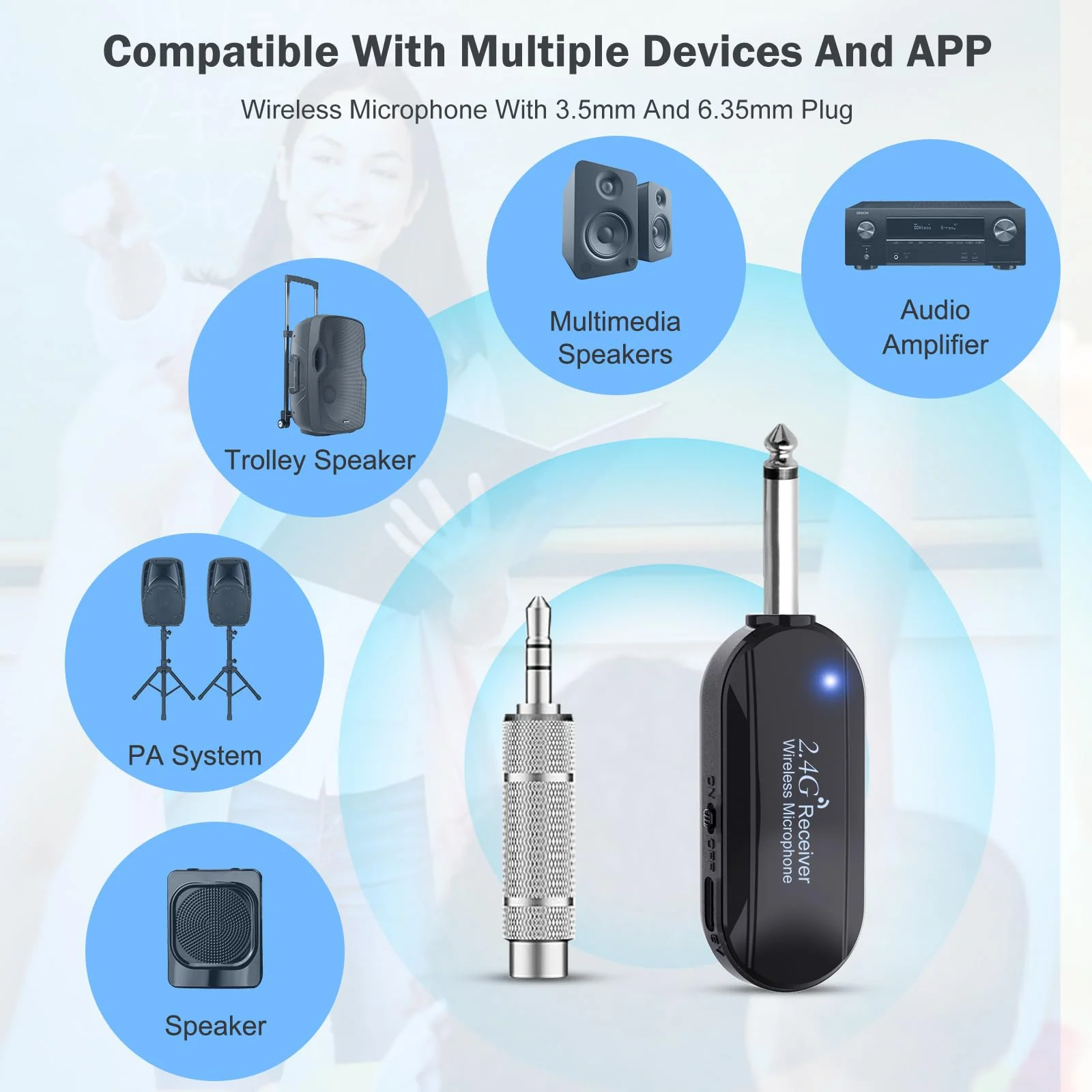Wireless Microphone Headset Double Professional: Cordless Mic Head for Two People, Heads Handheld Mics 2 in 1- USB-C Rechargeable - 1/4'' and 1/8'' Plug for PA System, Voice Amplifier,Teaching,Fitness Black1 - Image 4