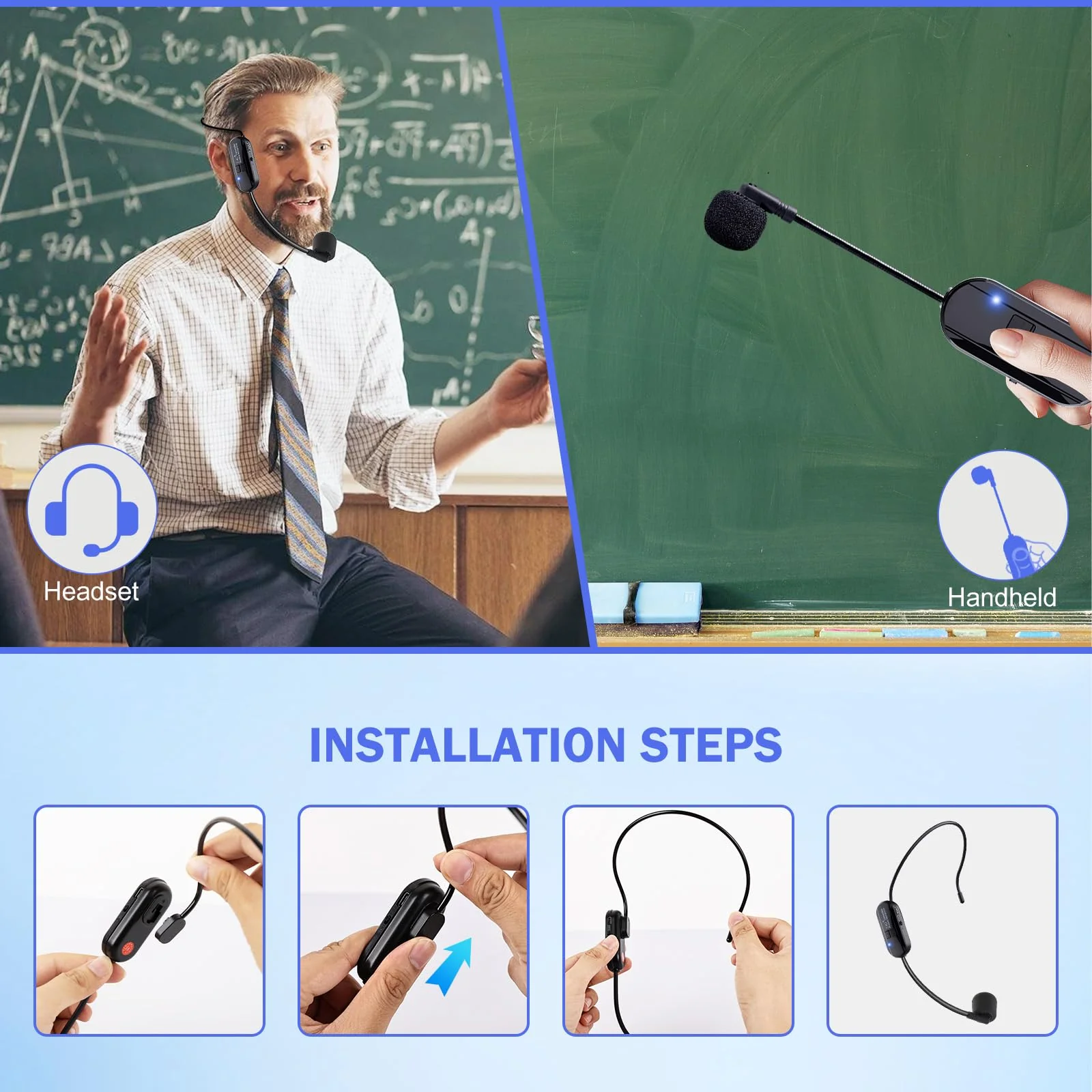 Wireless Microphone Headset Double Professional: Cordless Mic Head for Two People, Heads Handheld Mics 2 in 1- USB-C Rechargeable - 1/4'' and 1/8'' Plug for PA System, Voice Amplifier,Teaching,Fitness Black1 - Image 5