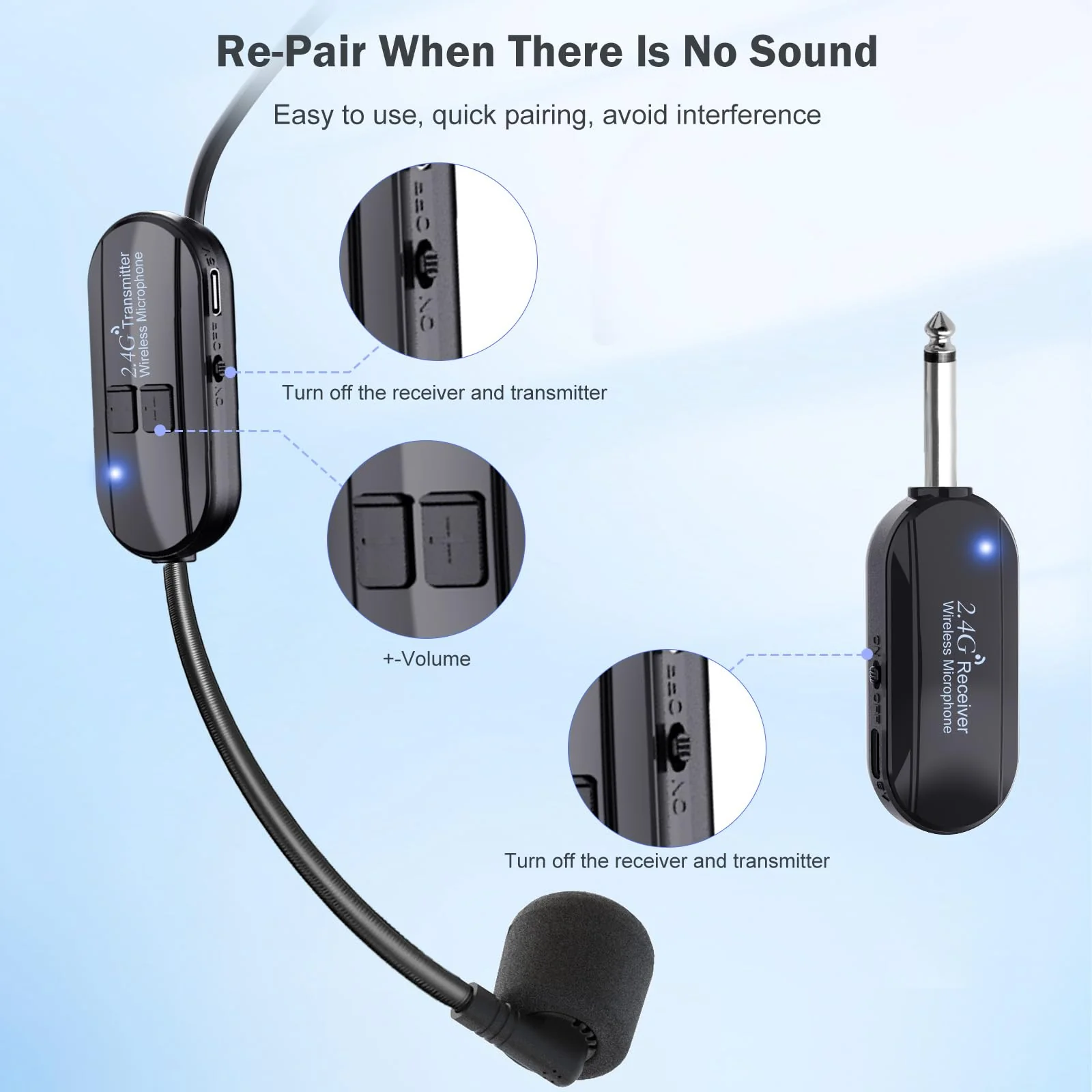 Wireless Microphone Headset Double Professional: Cordless Mic Head for Two People, Heads Handheld Mics 2 in 1- USB-C Rechargeable - 1/4'' and 1/8'' Plug for PA System, Voice Amplifier,Teaching,Fitness Black1 - Image 7