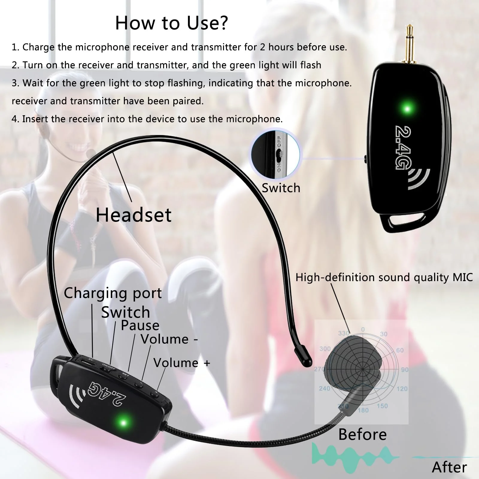 Wireless Microphone Headset MIC Cordless: 2.4G Wireless Head MIC and Handheld Mic 2 in 1-160 FT Range with 1/8''&1/4'' Plug for PA System,Voice Amplifier, Fitness Trainer, Teacher, Singing Black1 - Image 7