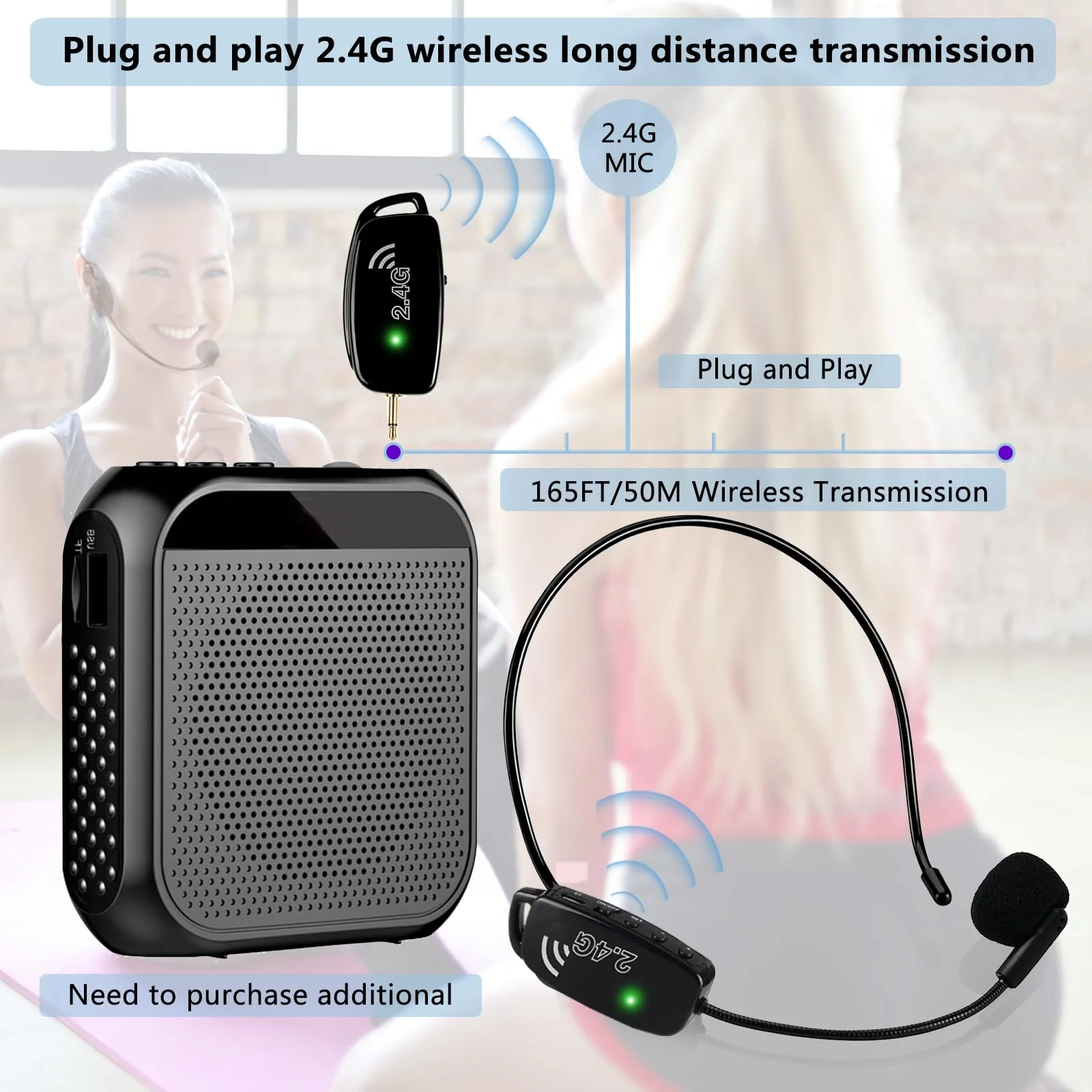 Wireless Microphone Headset Systems Cordless: 2.4G Wireless Professional Mics for 2 People - Head Mic and Handheld Mic 2 in 1 - for PA System,Voice Amplifier, Fitness Trainer, Teacher, Singer Black2 - Image 2