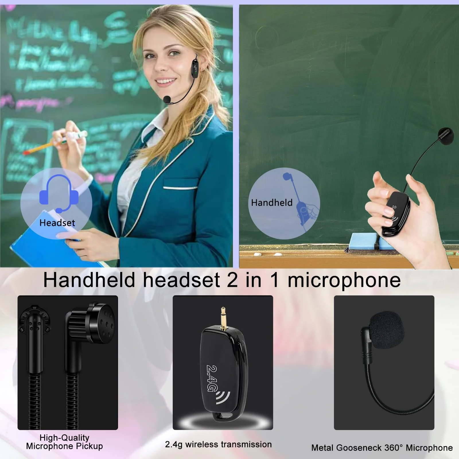 Wireless Microphone Headset Systems Cordless: 2.4G Wireless Professional Mics for 2 People - Head Mic and Handheld Mic 2 in 1 - for PA System,Voice Amplifier, Fitness Trainer, Teacher, Singer Black2 - Image 4