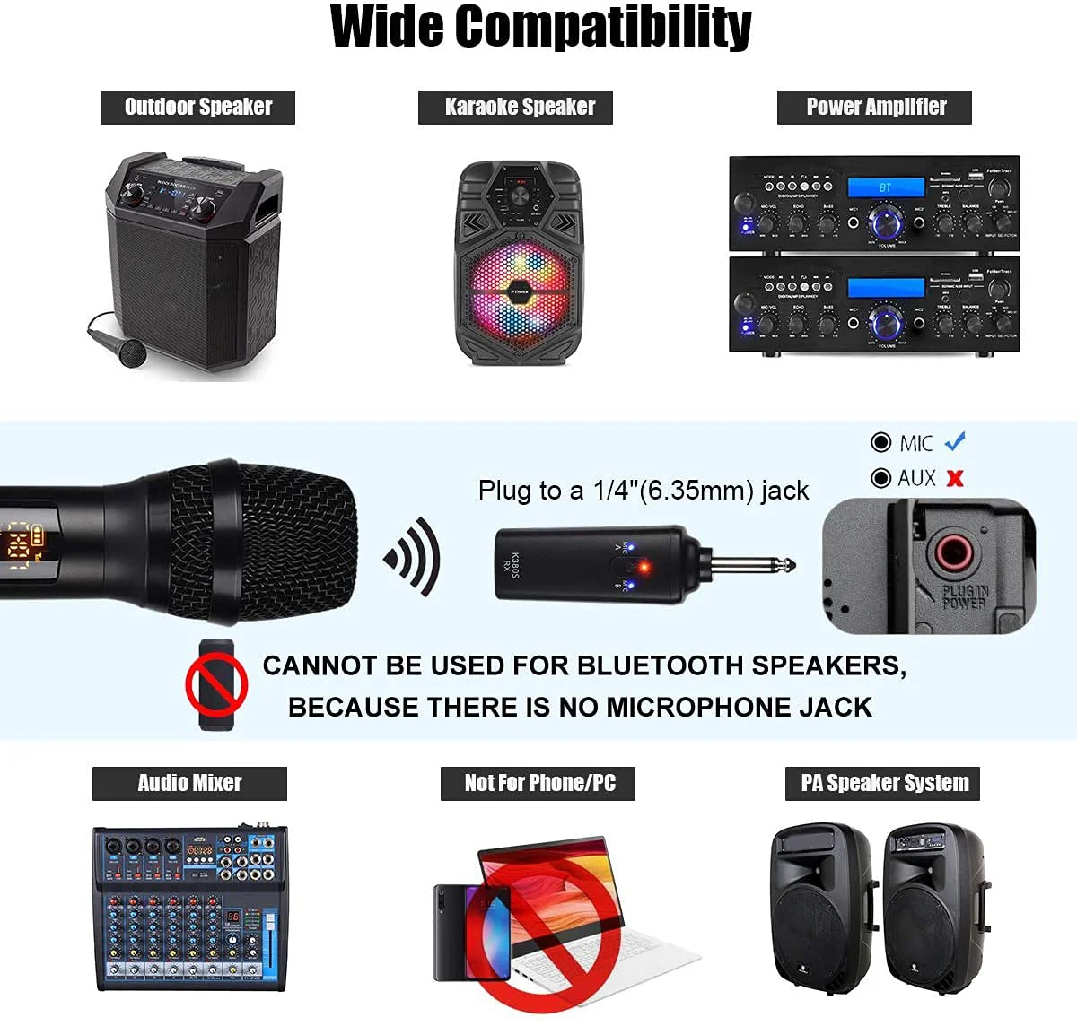 Wireless Microphone, K380S Dual Cordless Metal Dynamic Mic System with Rechargeable Receiver, for Karaoke Singing, Wedding, Party, Speech, Church, Meeting - Image 2
