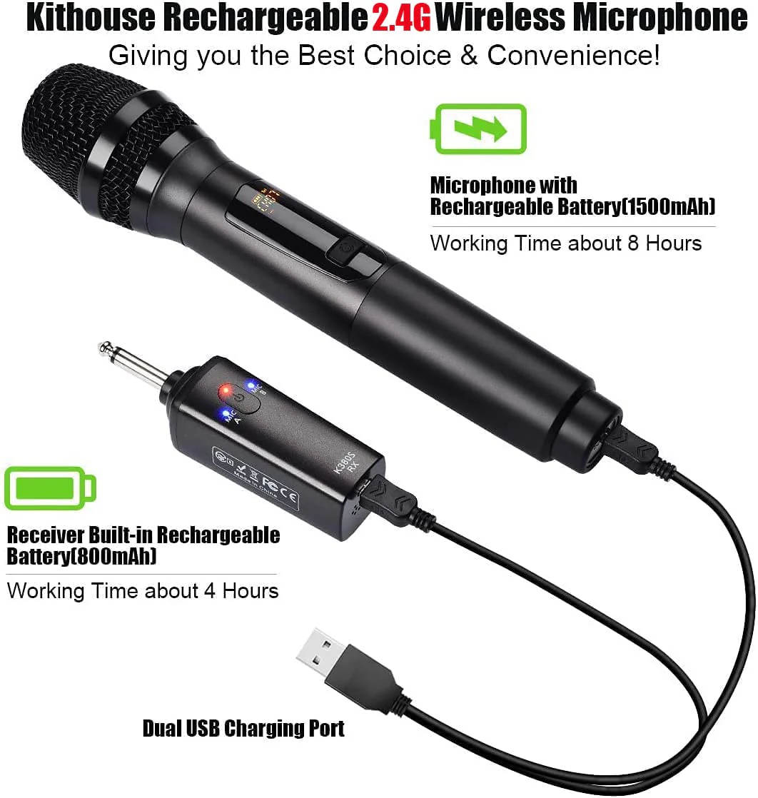 Wireless Microphone, K380S Dual Cordless Metal Dynamic Mic System with Rechargeable Receiver, for Karaoke Singing, Wedding, Party, Speech, Church, Meeting - Image 3