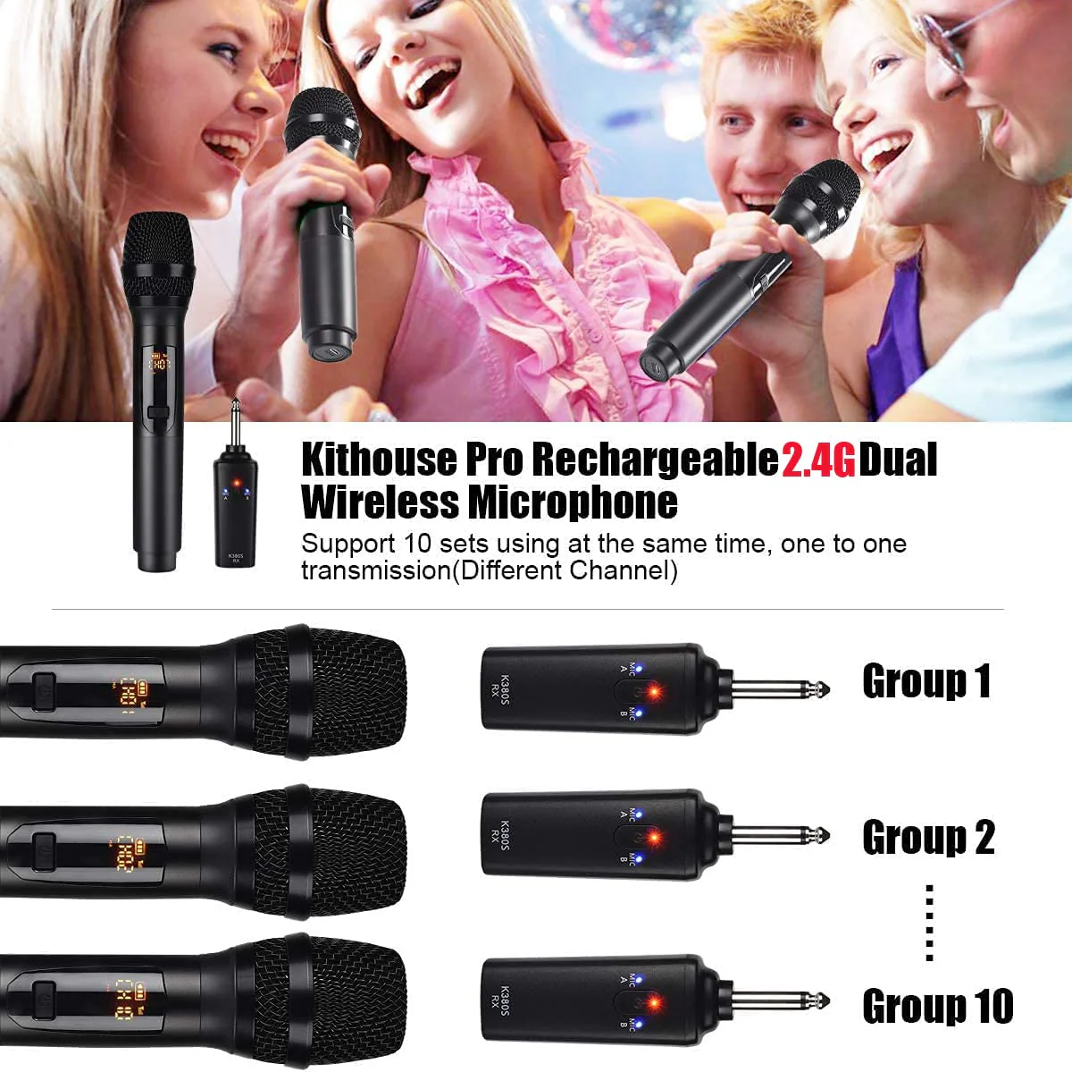 Wireless Microphone, K380S Dual Cordless Metal Dynamic Mic System with Rechargeable Receiver, for Karaoke Singing, Wedding, Party, Speech, Church, Meeting - Image 4