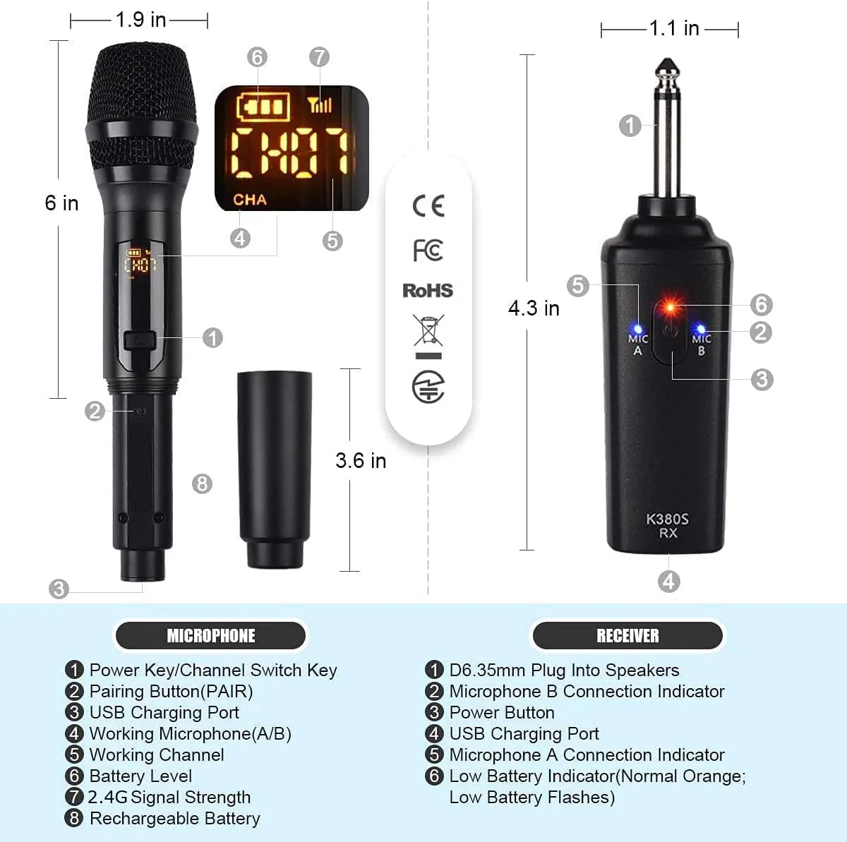 Wireless Microphone, K380S Dual Cordless Metal Dynamic Mic System with Rechargeable Receiver, for Karaoke Singing, Wedding, Party, Speech, Church, Meeting - Image 5