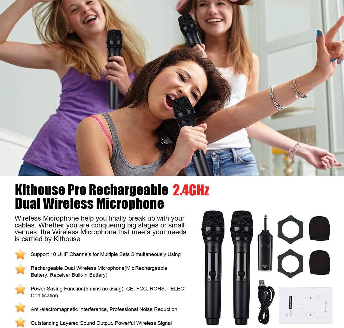 Wireless Microphone, K380S Dual Cordless Metal Dynamic Mic System with Rechargeable Receiver, for Karaoke Singing, Wedding, Party, Speech, Church, Meeting - Image 6