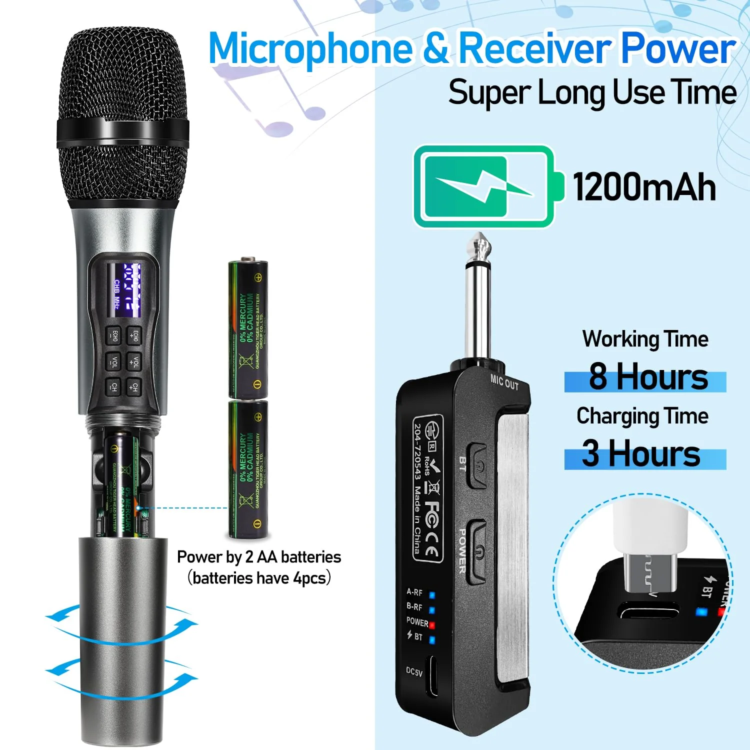 Wireless Microphone Karaoke System with Rechargeable Bluetooth Receiver,Professional Handheld Dynamic Cordless Microphone,UHF 200 FT Range,6.5mm/3.5mm Output, for Singing Karaoke Speech - Image 4