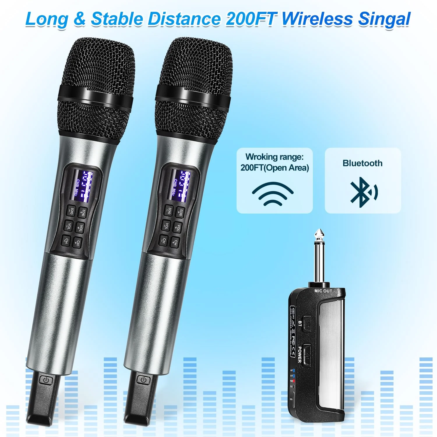 Wireless Microphone Karaoke System with Rechargeable Bluetooth Receiver,Professional Handheld Dynamic Cordless Microphone,UHF 200 FT Range,6.5mm/3.5mm Output, for Singing Karaoke Speech - Image 5
