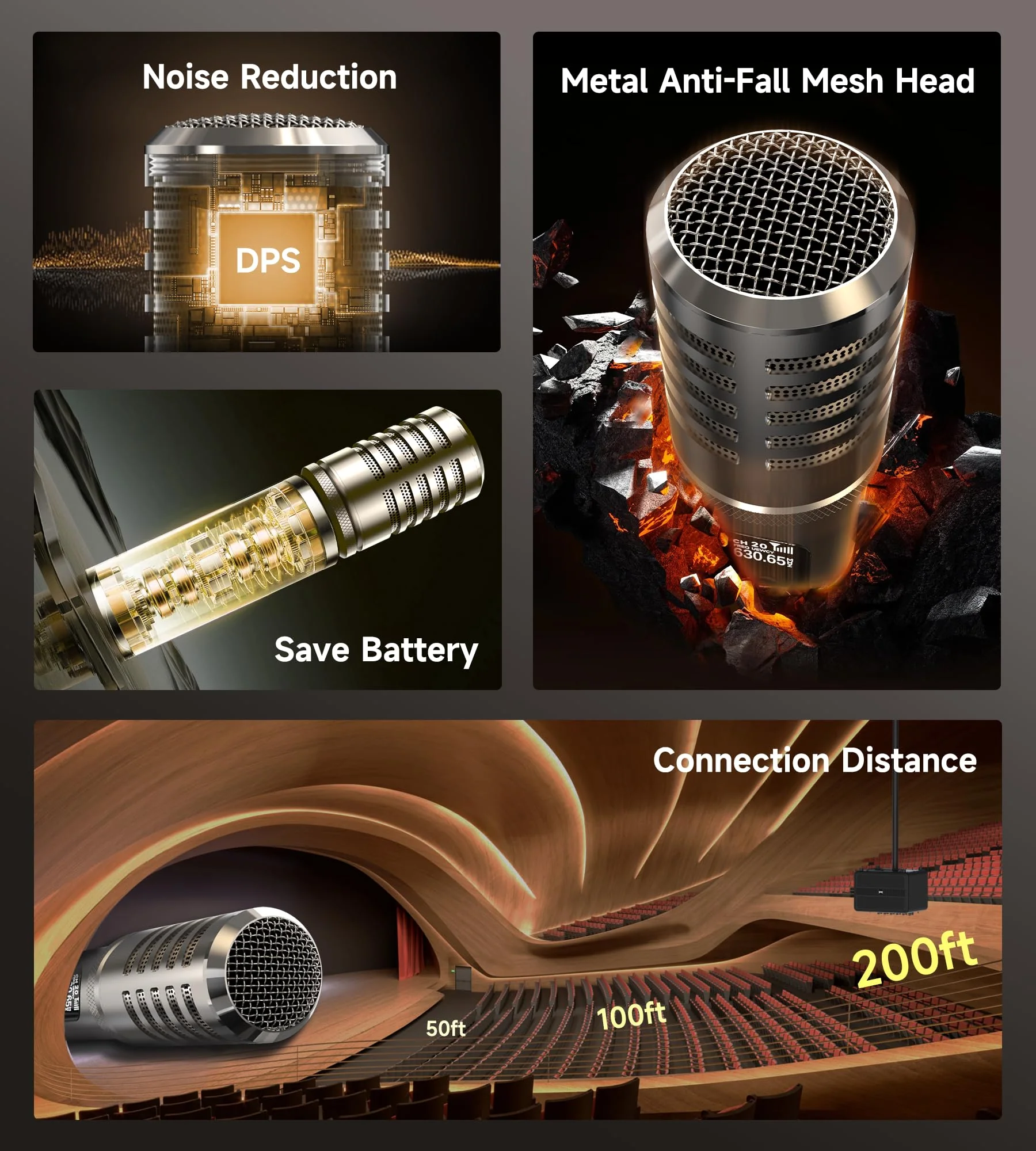 Wireless Microphone, Metal Dynamic Mic System with One-to-One Chip Connection and Rechargeable Receiver, 40H Duration, 200FT Range Receiving, Less Latency Karaoke Microphone for Singing - Image 6