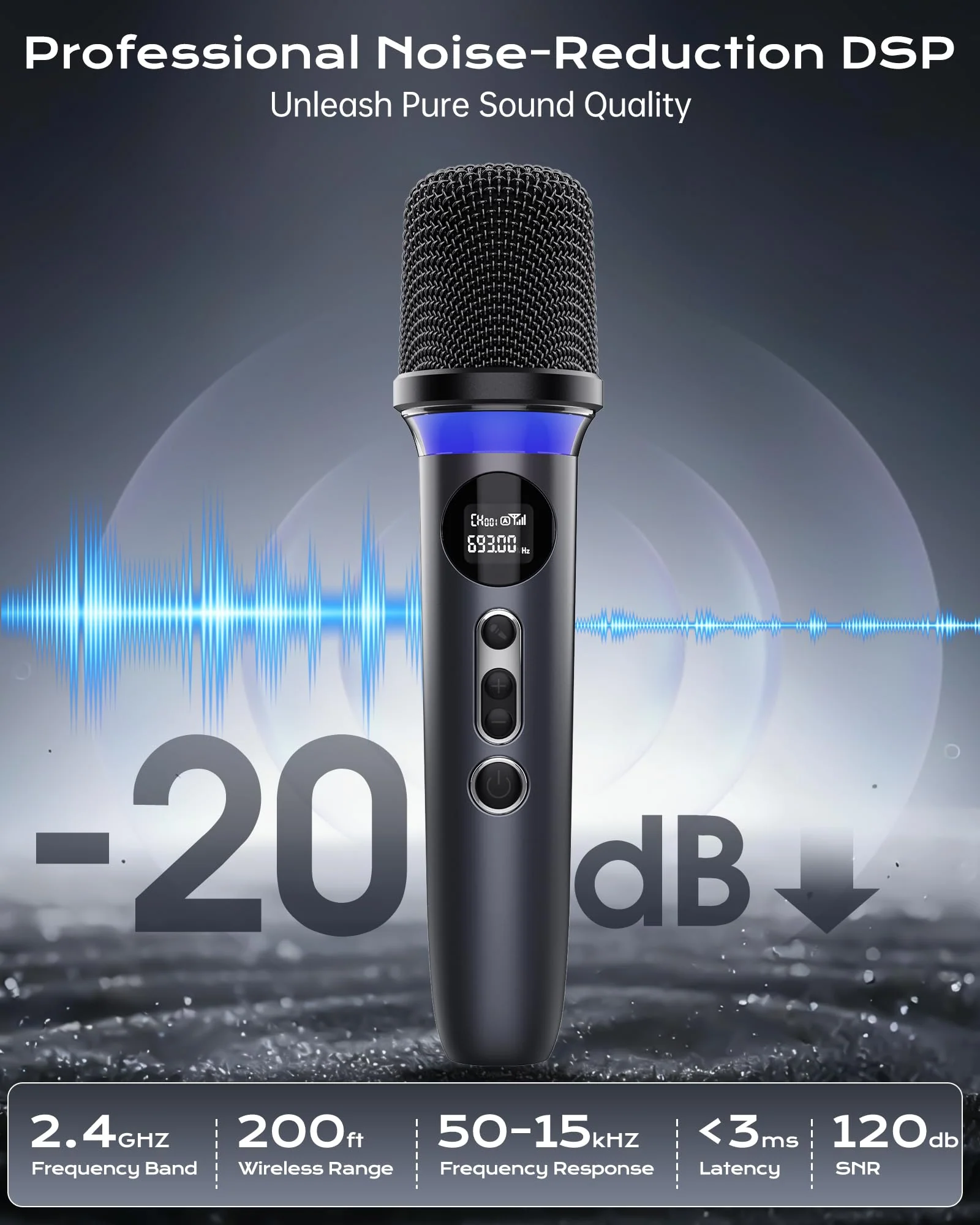 Wireless Microphone, One-Touch Mute & Dynamic RGB Lighting, Professional-Grade Dual Handheld Dynamic Microphone, 200-Foot Ultra-Long Range & 40-Hour Battery Life. for Singing and Family Gatherings. Black-Red - Image 4