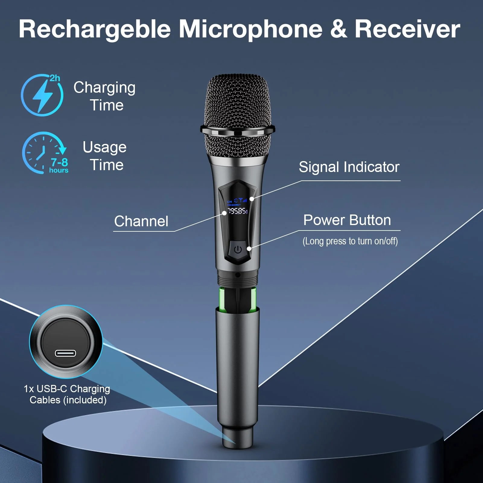 Wireless Microphone,Professional Dual Handheld Cordless Dynamic Mic System with Rechargeable Receiver,Karaoke Microphone Set for Singing, Karaoke, Wedding, DJ, Party, Speech,Church,Class Use,PA System - Image 7