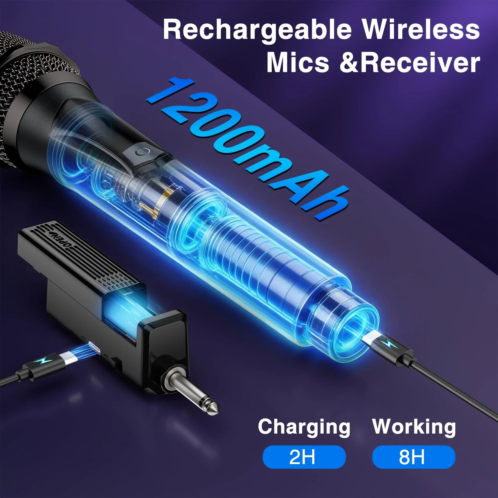 Wireless Microphone,Professional Dual Handheld Cordless Dynamic Mic System with Rechargeable Receiver,Plug & Play,Compatible with karaoke machines and PA systems for Speech,Church,Wedding,DJ,Party - Image 7