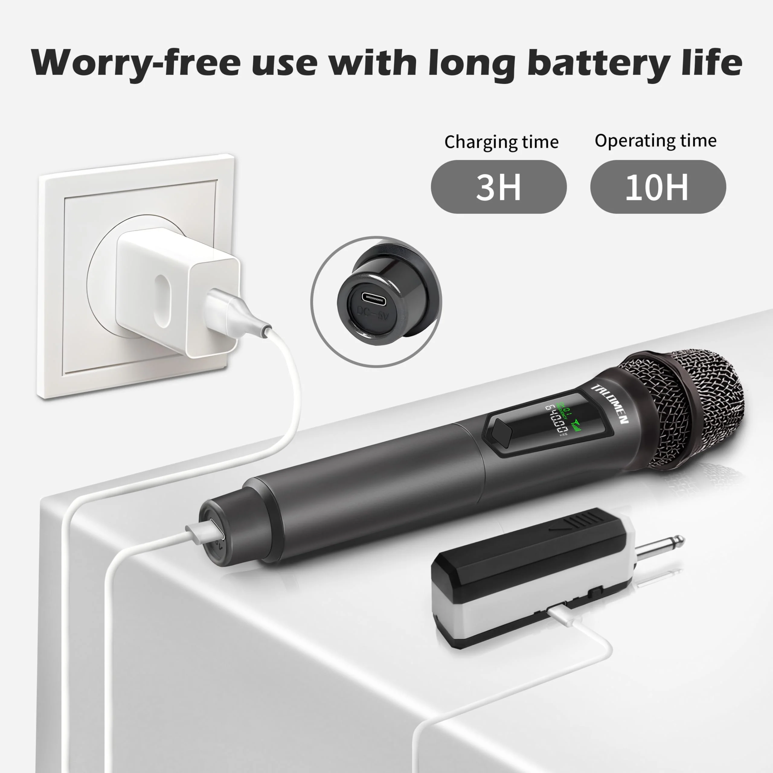 Wireless Microphone,Professional Handheld Cordless Dynamic Mic System with Rechargeable Receiver(160 Ft),Karaoke Microphone Set for Singing,Karaoke,Wedding,DJ,Party,Speech,Church,PA,K60-1 Gray - Image 4