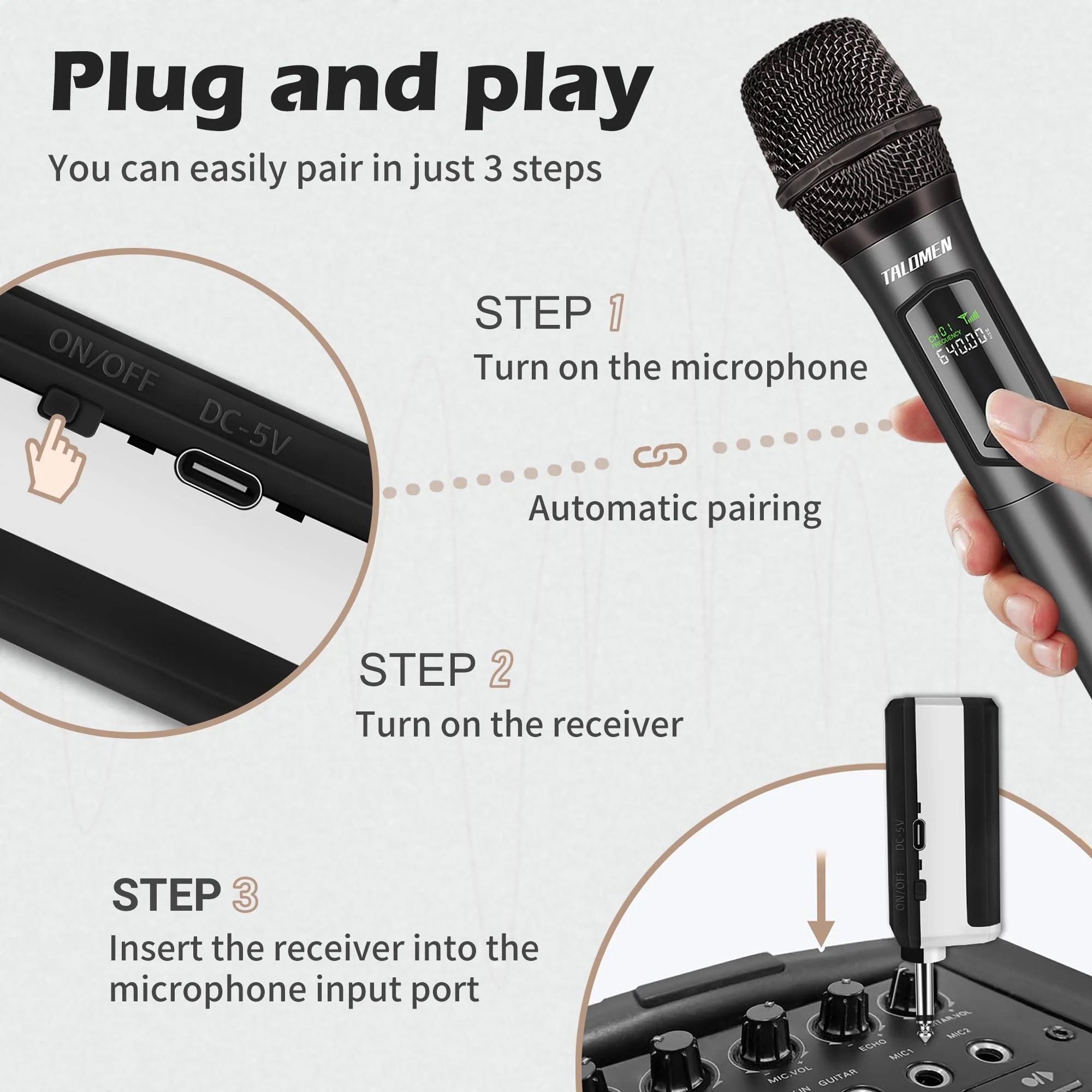 Wireless Microphone,Professional Handheld Cordless Dynamic Mic System with Rechargeable Receiver(160 Ft),Karaoke Microphone Set for Singing,Karaoke,Wedding,DJ,Party,Speech,Church,PA,K60-1 Gray - Image 7