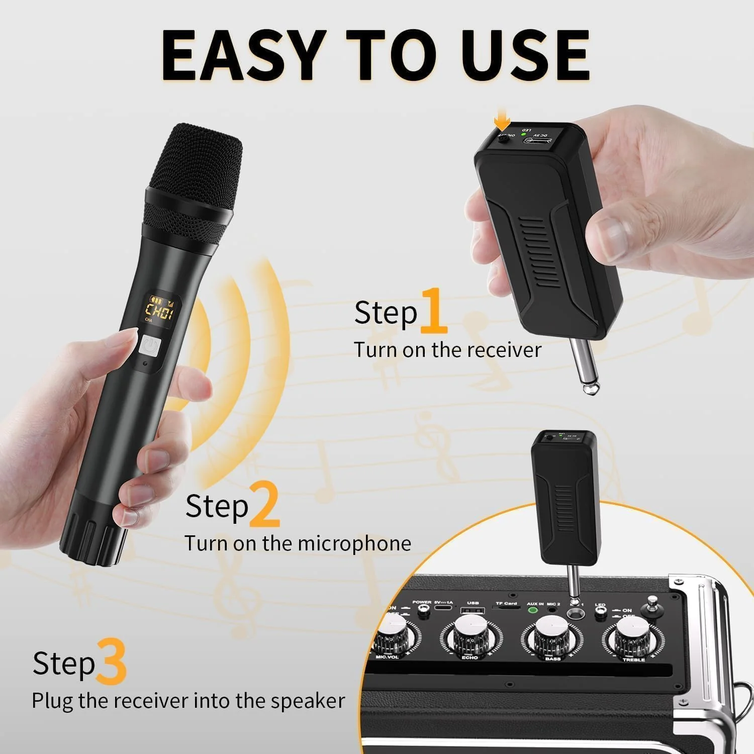 Wireless Microphone, Professional UHF Dual Handheld Cordless Dynamic Mic System with Rechargeable Receiver - 160ft Range, Karaoke Microphone Set for Karaoke, Party Singing, Church, Speech, DJ, Wedding - Image 6
