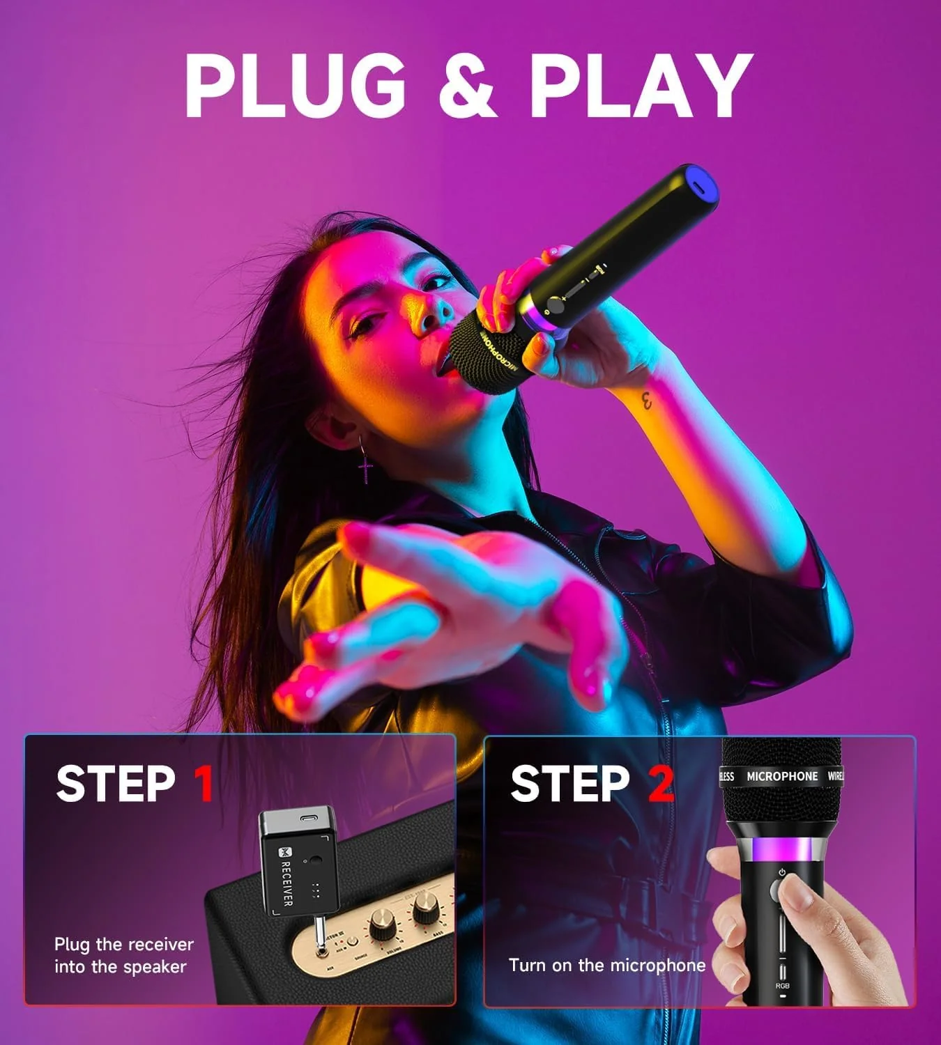 Wireless Microphone, Rechargeable Wireless Microphones with One-to-One Chip Connection and LED Lights, 40H Duration, 200FT Range Receiving, Less Latency Karaoke Microphone for Singing, Speech, Party - Image 6