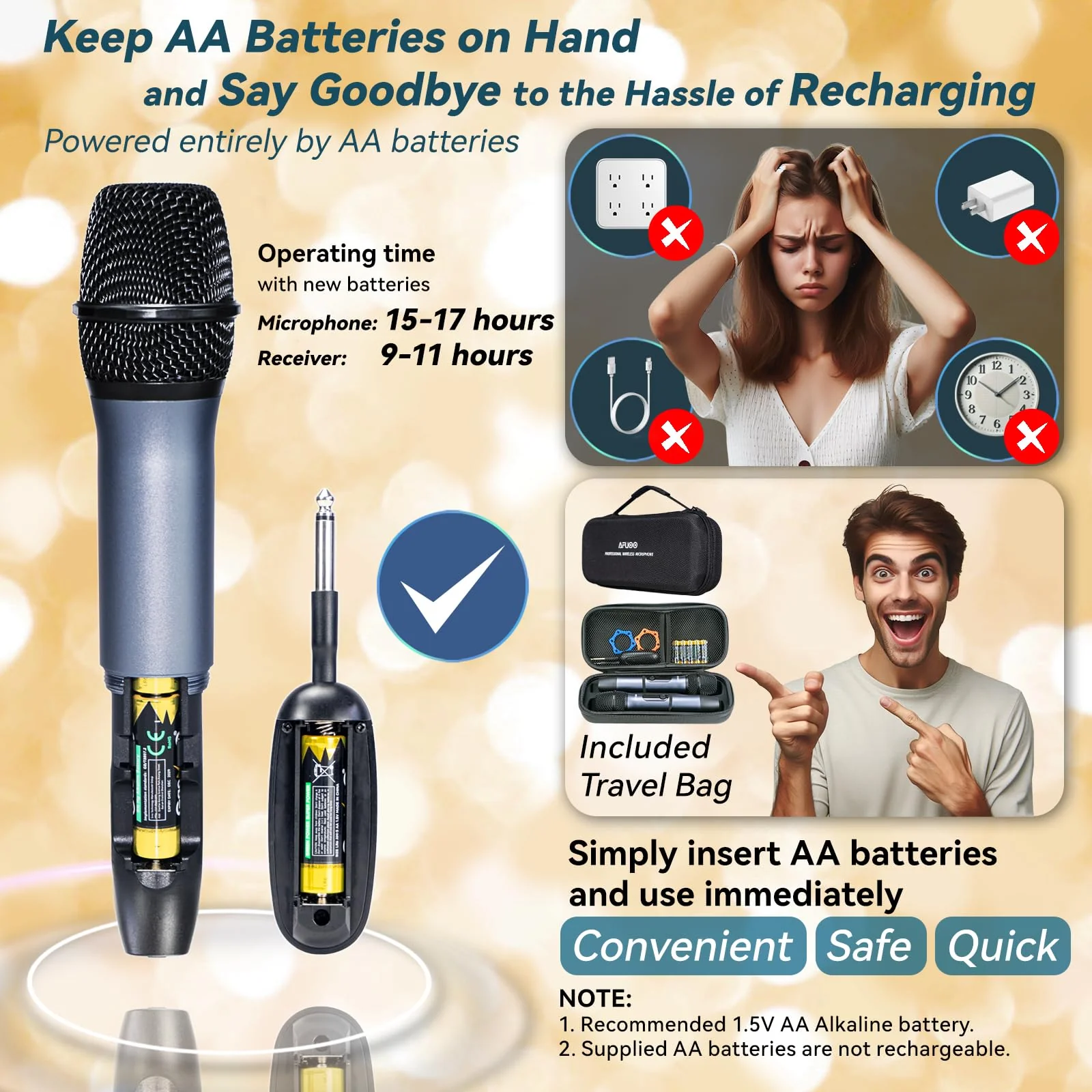 Wireless Microphone Set for Singing, Speeches, Karaoke, Dual-Mic Receiver with AA Battery, Storage Case Included, Metal Cordless Mic 2 Pack for Karaoke Machines, PA Systems, Amplifier, Navy Blue - Image 2