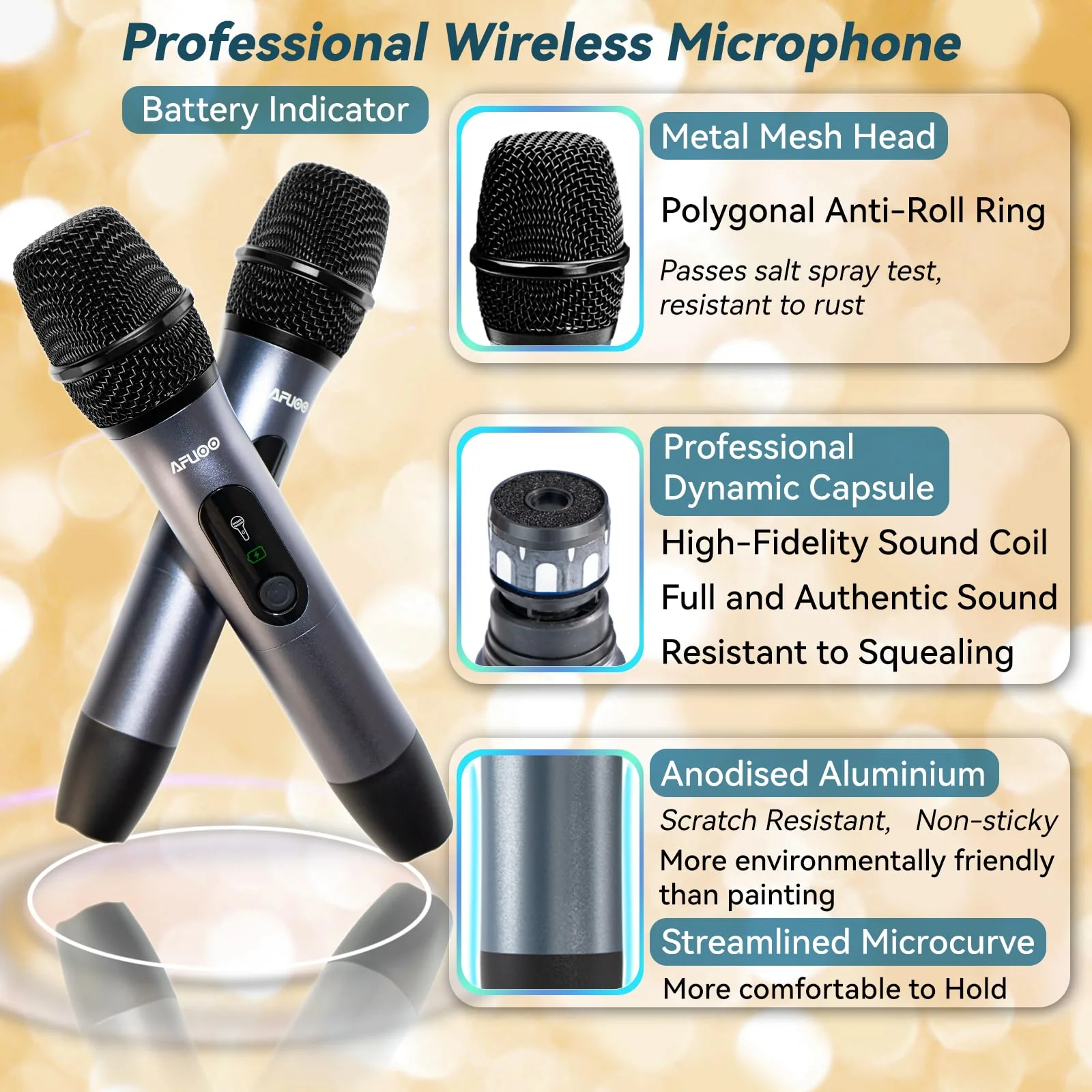 Wireless Microphone Set for Singing, Speeches, Karaoke, Dual-Mic Receiver with AA Battery, Storage Case Included, Metal Cordless Mic 2 Pack for Karaoke Machines, PA Systems, Amplifier, Navy Blue - Image 3