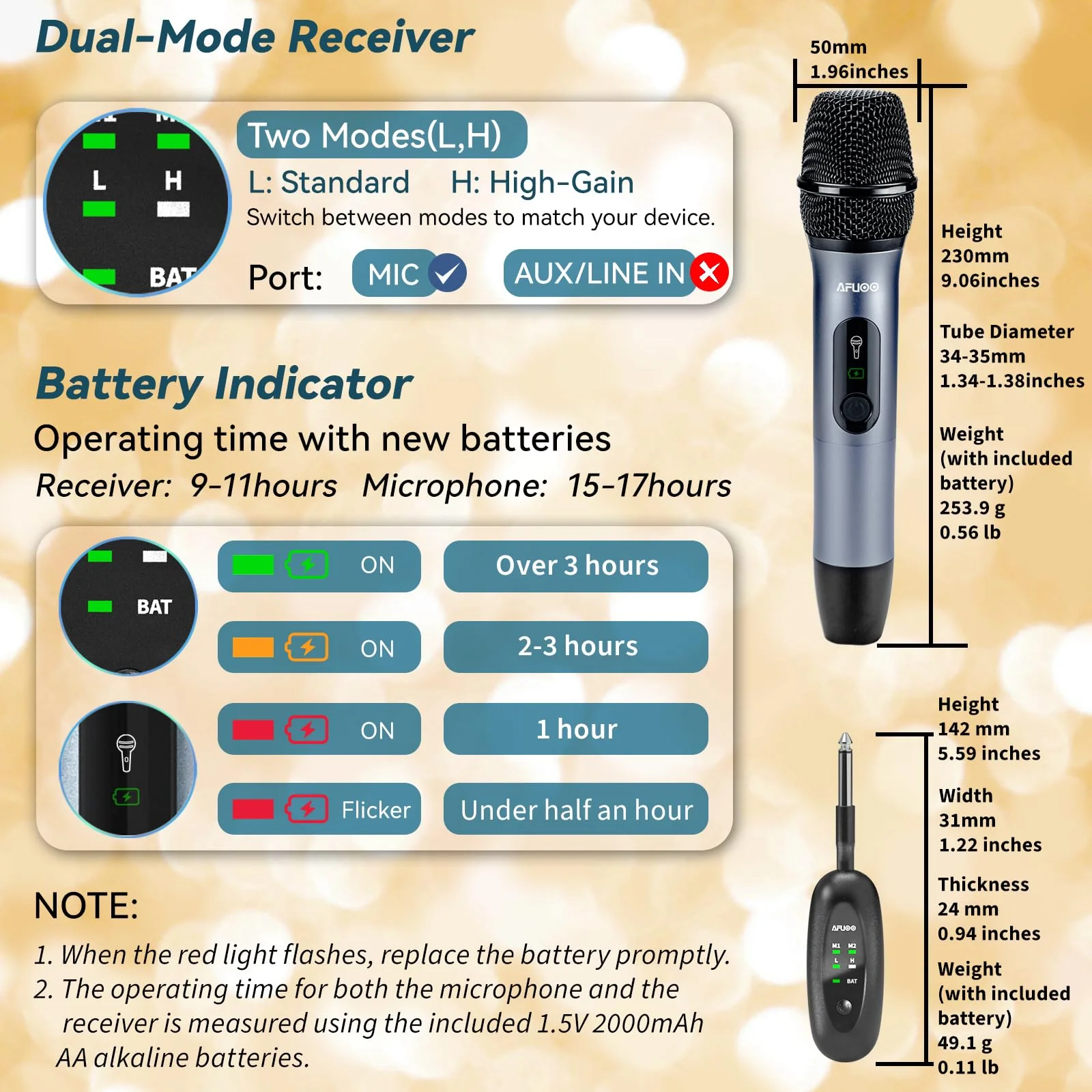 Wireless Microphone Set for Singing, Speeches, Karaoke, Dual-Mic Receiver with AA Battery, Storage Case Included, Metal Cordless Mic 2 Pack for Karaoke Machines, PA Systems, Amplifier, Navy Blue - Image 7