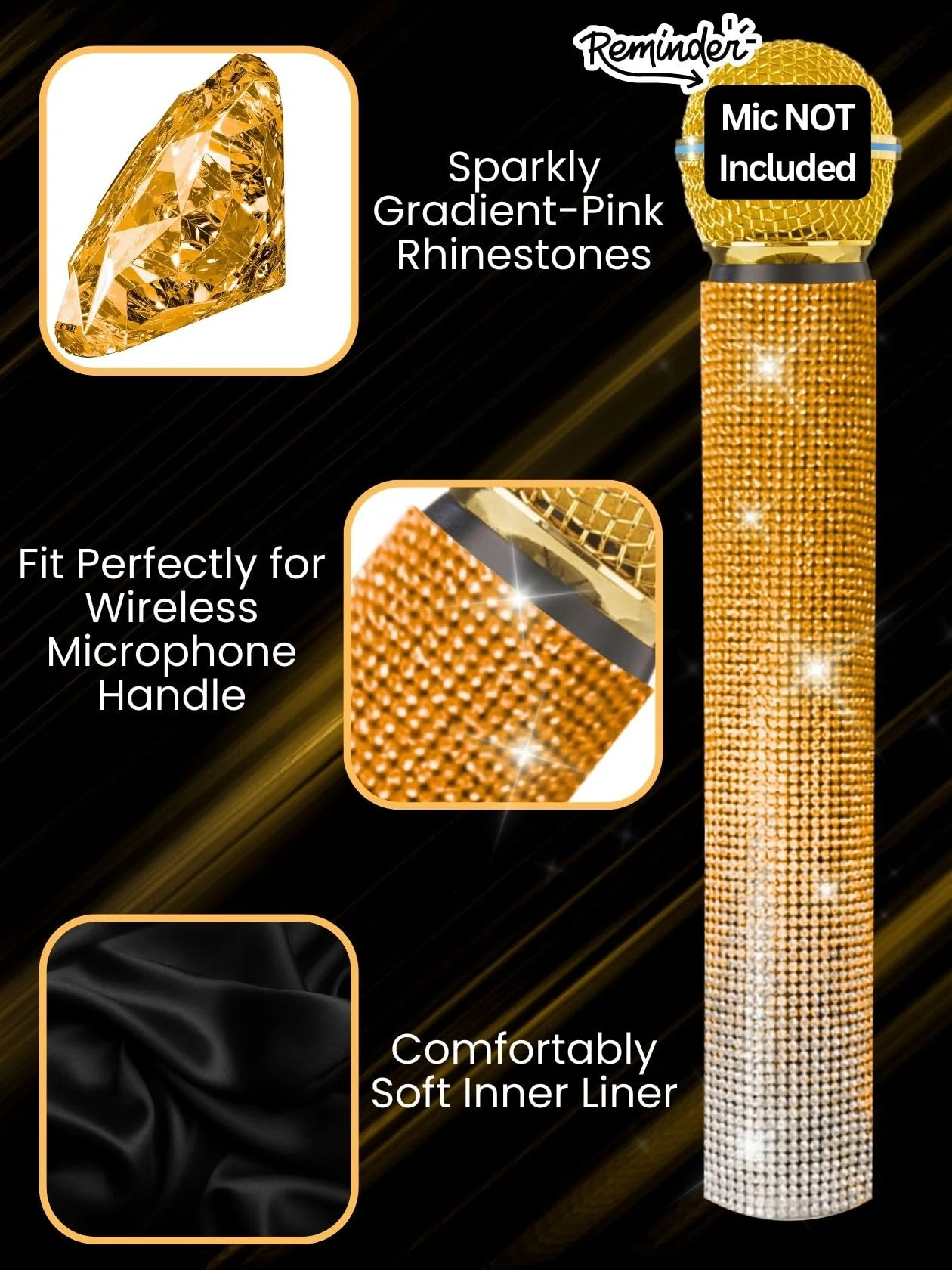 Wireless Microphone Sleeve for Shuer SM58, Beta 58A Gradient Rhinestones Mic Covers Replacement (Gold) Gold - Image 3