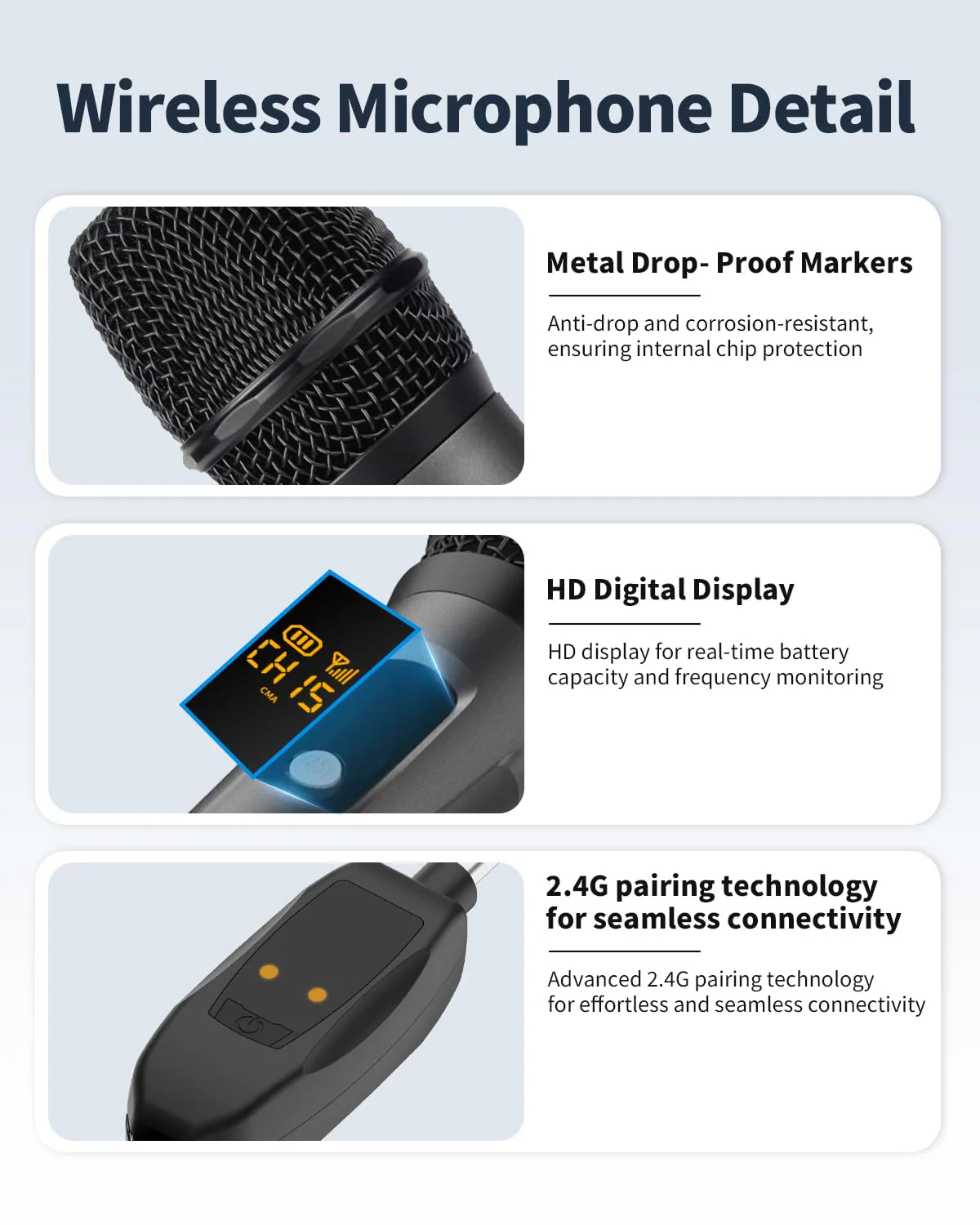 Wireless Microphone System, Dual Cordless Mics with 2.4GHz Signal, Rechargeable Plug & Play Dynamic Microphones for Karaoke, Church, Wedding, Speech, 250ft Range - Image 4