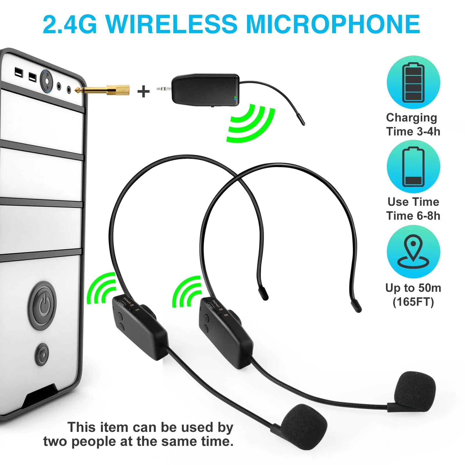 Wireless Microphone System for 2 People,160ft Range, 2.4G Dual Wireless Headset Mics for Karaoke Speaker, Amplifier, Mic Speakers, PA System, Yoga,Teaching, Fitness - Image 3