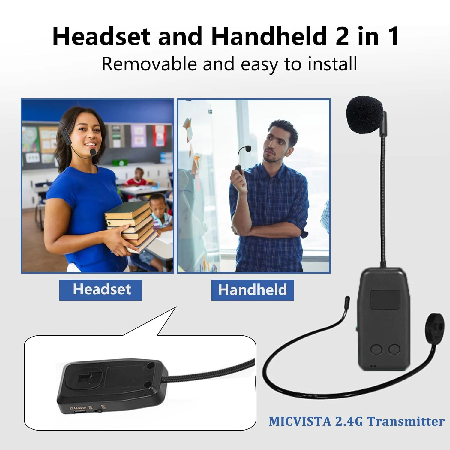 Wireless Microphone System for 4 People,2.4G Wireless Headset Mics and Handheld Mics 2 in 1,Ideal for Speakers,Voice Amplifier,PA System,Teacher,Tour Guides,Fitness Instructor - Image 5