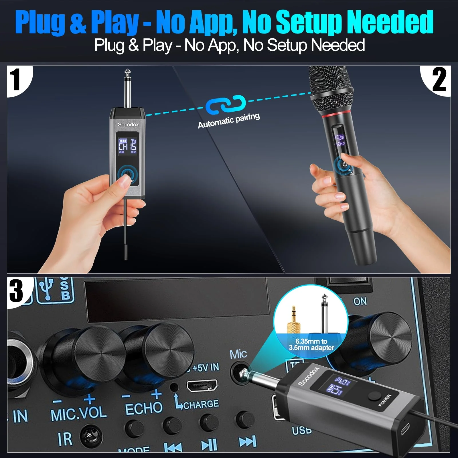 Wireless Microphone System for Karaoke, Dual UHF Metal Wireless Mic with Rechargeable Receiver, for PA System, Speaker, Party, DJ, Wedding, Church (Black) Black - Image 4