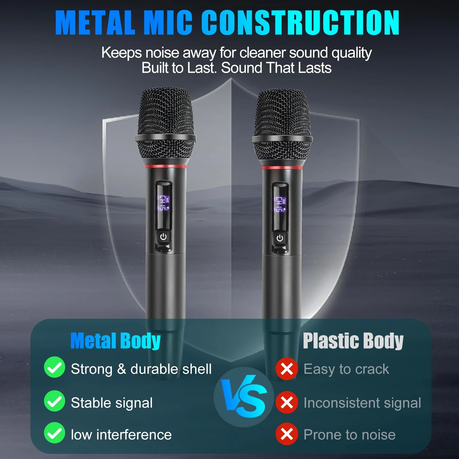 Wireless Microphone System for Karaoke, Dual UHF Metal Wireless Mic with Rechargeable Receiver, for PA System, Speaker, Party, DJ, Wedding, Church (Black) Black - Image 7