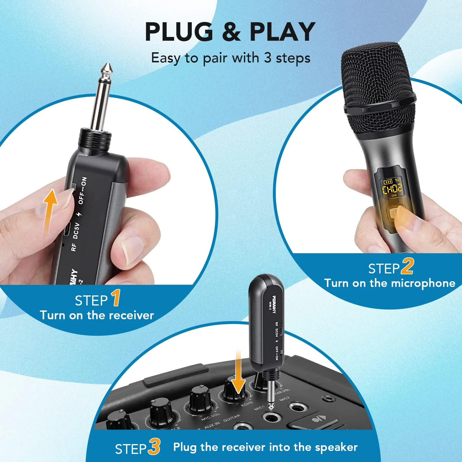 Wireless Microphone System, UHF All Metal Cordless Dual Handheld Dynamic Mic Set with Rechargeable Receiver, for Karaoke Party, Amplifier, PA System, Singing Machine, Church, Wedding, 200ft - Image 2